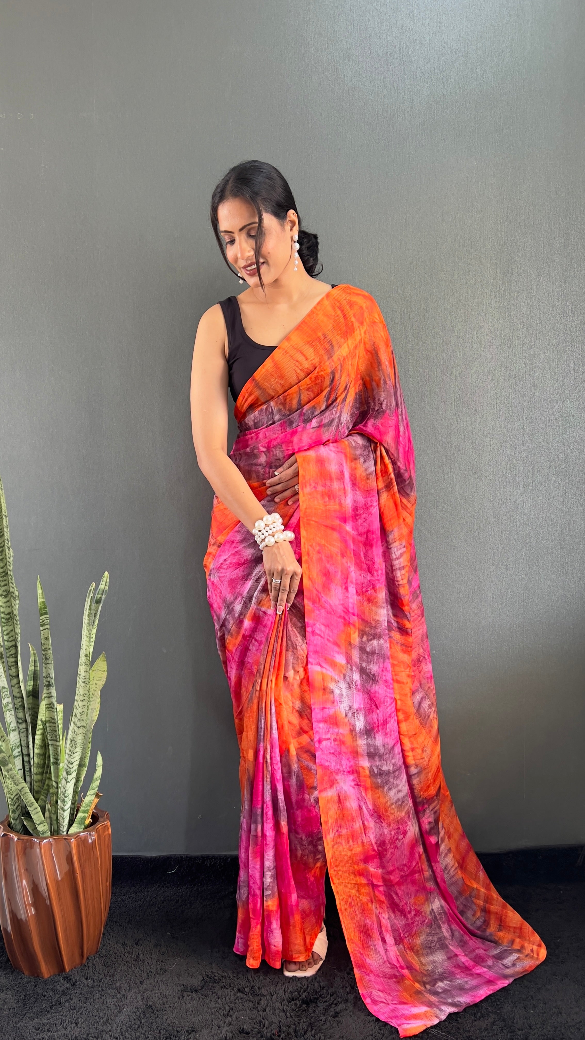 Renee One Minute Ready To Wear Orange-Pink Saree With Unstiched Blouse