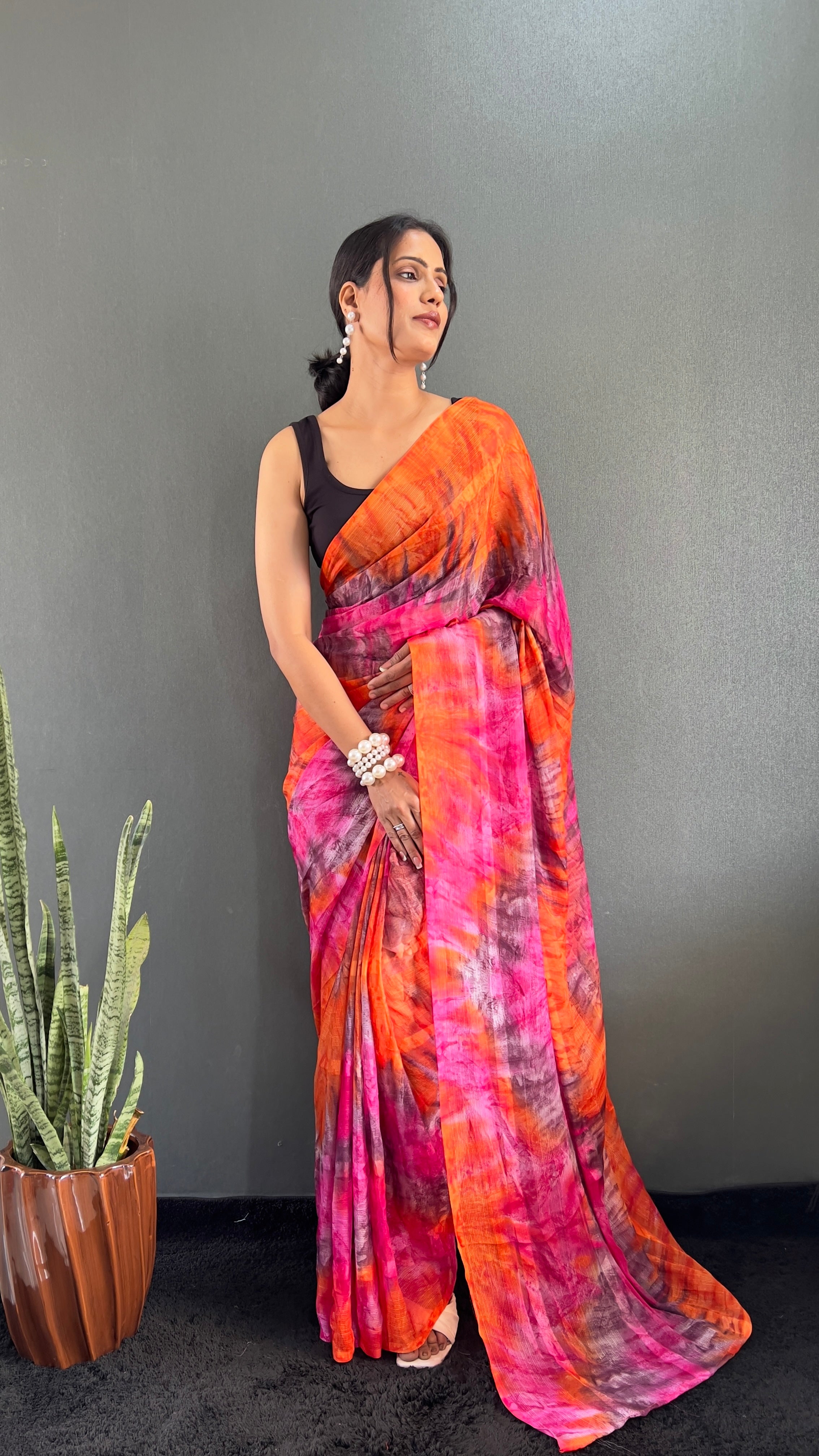 Renee One Minute Ready To Wear Orange-Pink Saree With Unstiched Blouse