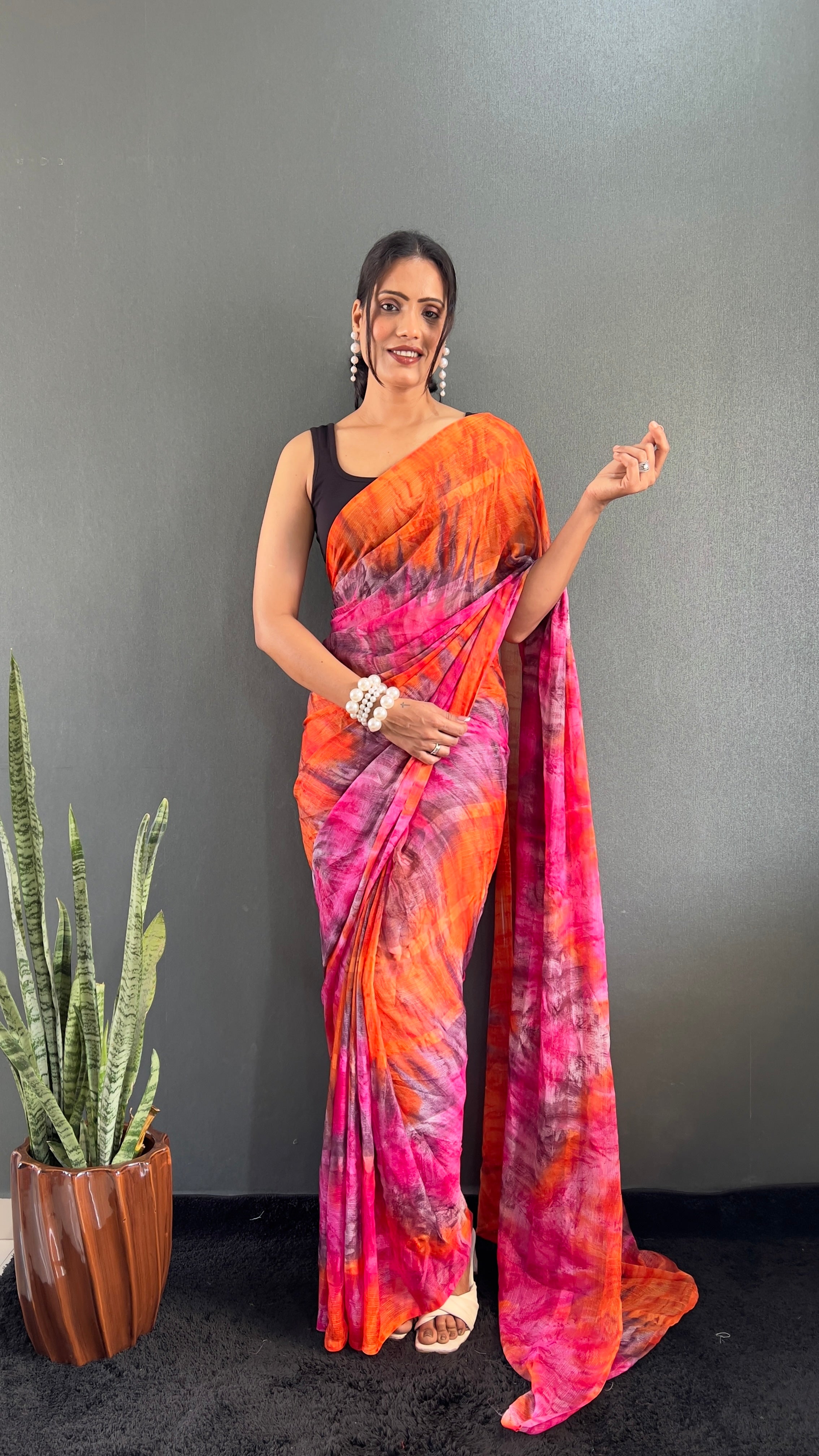 Renee One Minute Ready To Wear Orange-Pink Saree With Unstiched Blouse