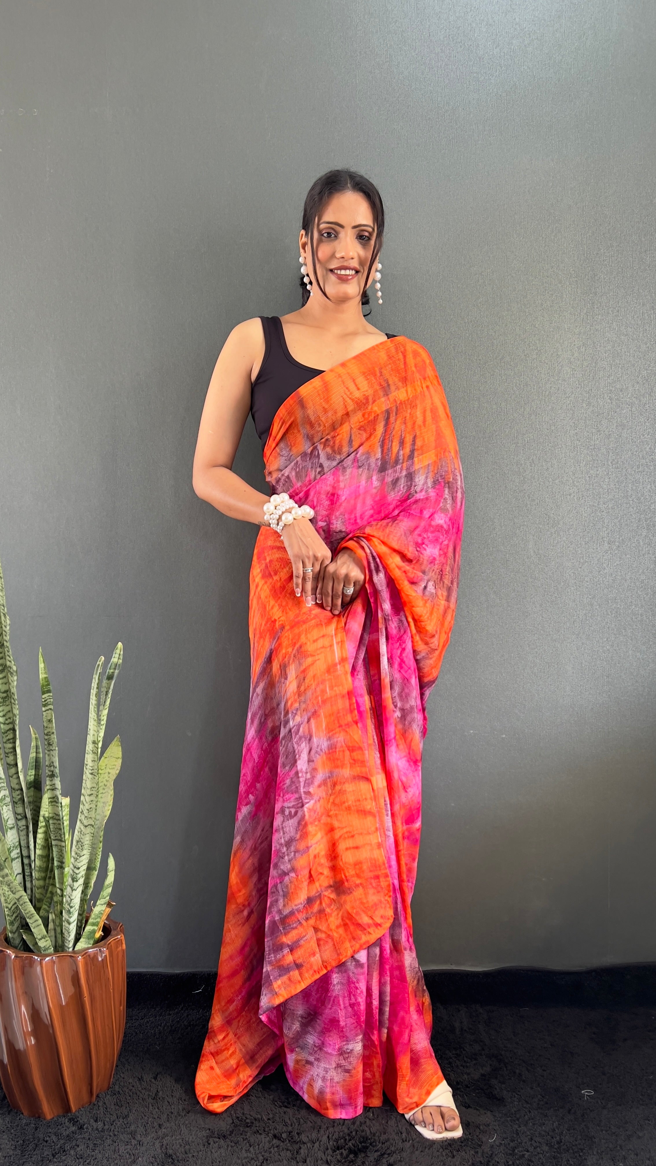 Renee One Minute Ready To Wear Orange-Pink Saree With Unstiched Blouse