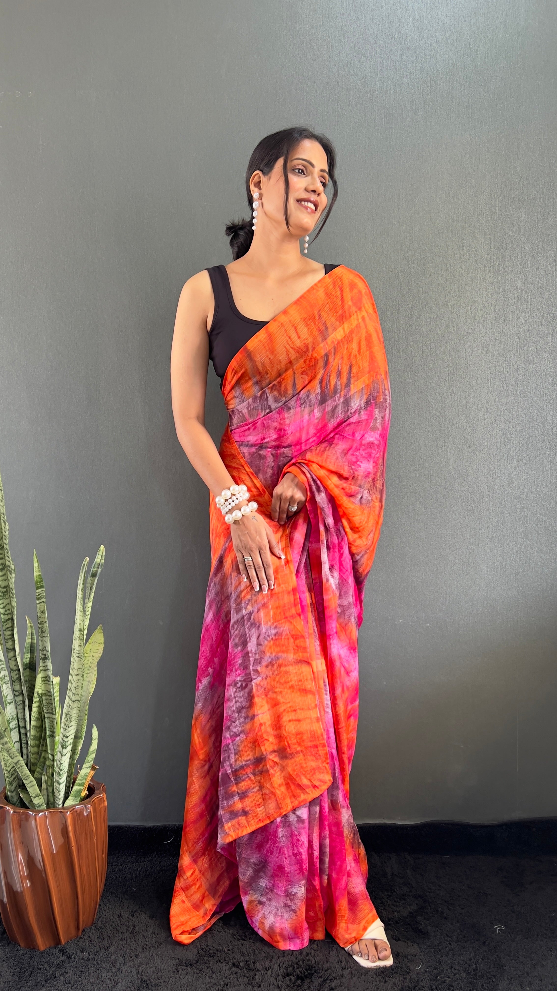 Renee One Minute Ready To Wear Orange-Pink Saree With Unstiched Blouse