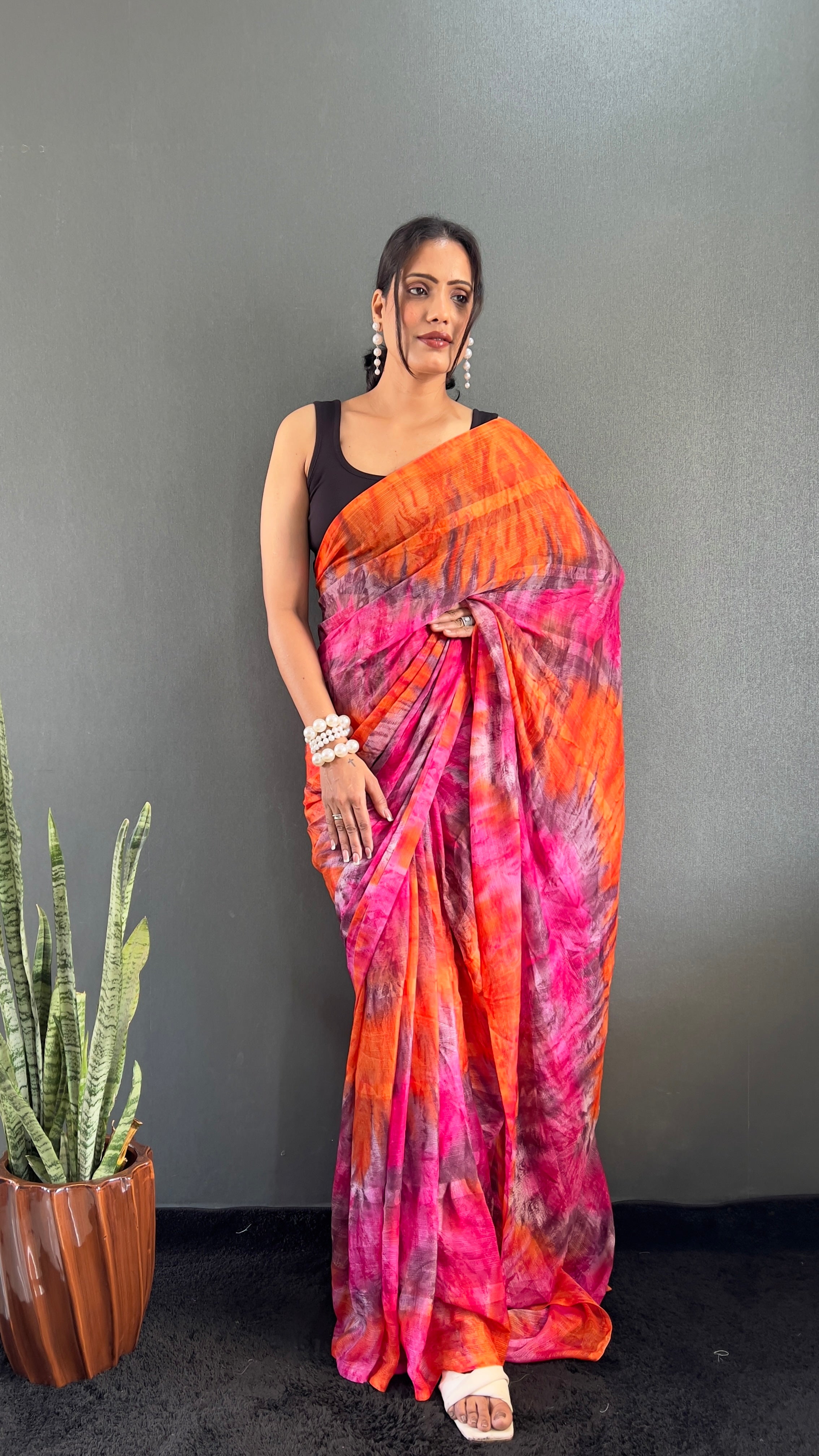 Renee One Minute Ready To Wear Orange-Pink Saree With Unstiched Blouse