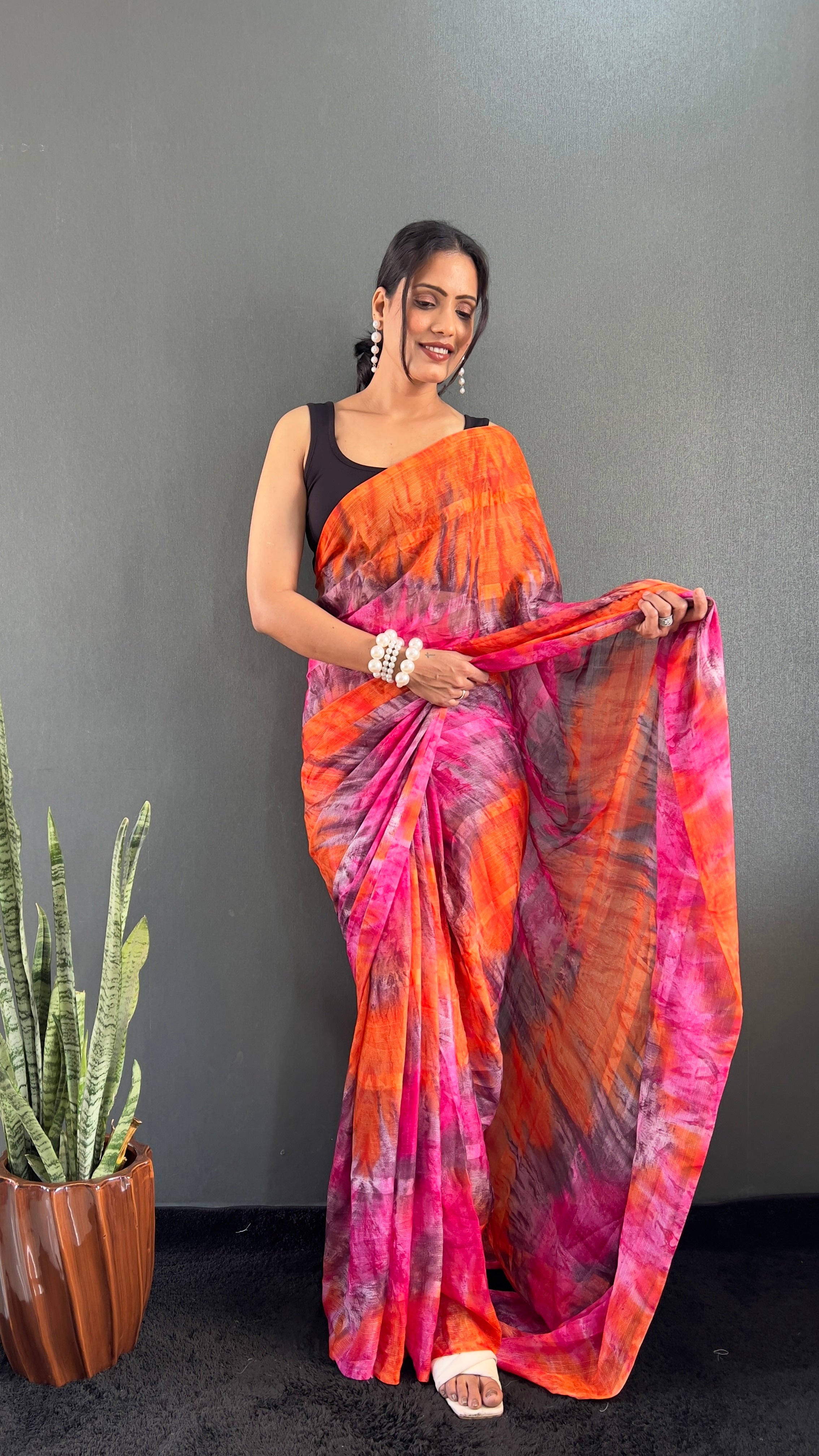 Renee One Minute Ready To Wear Orange-Pink Saree With Unstiched Blouse