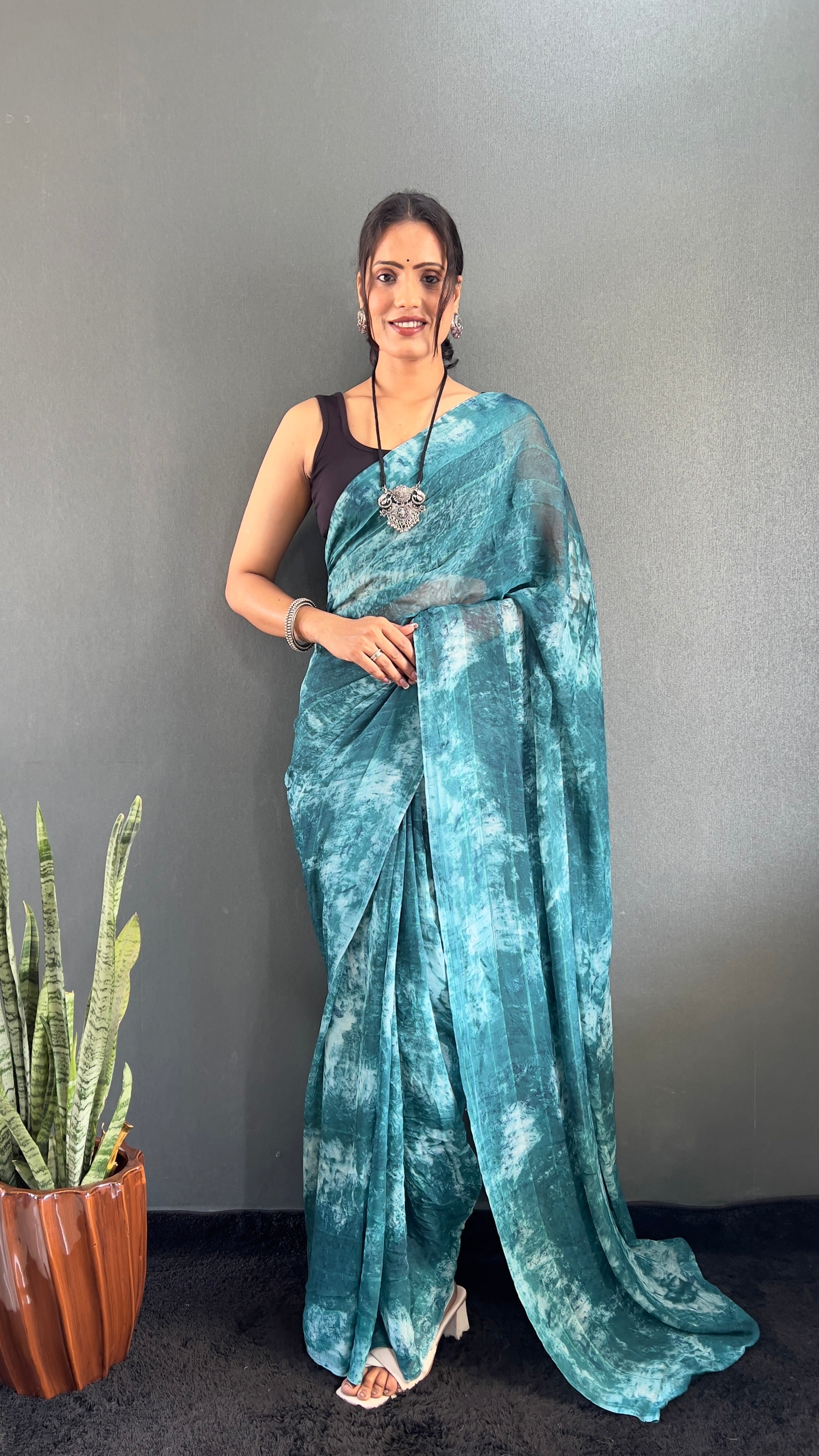 Adita One Minute Ready To Wear Blue Saree With Unstiched Blouse