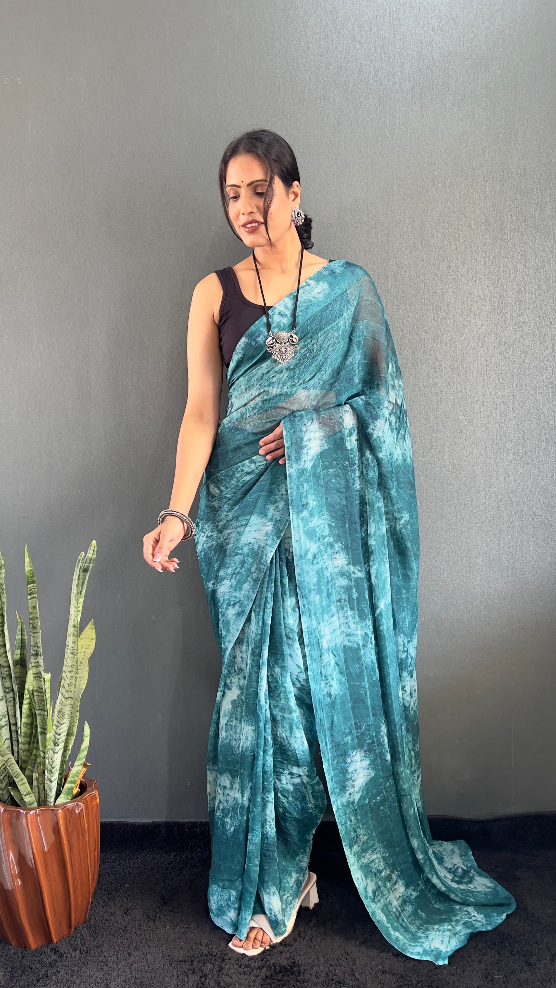 Adita One Minute Ready To Wear Blue Saree With Unstiched Blouse