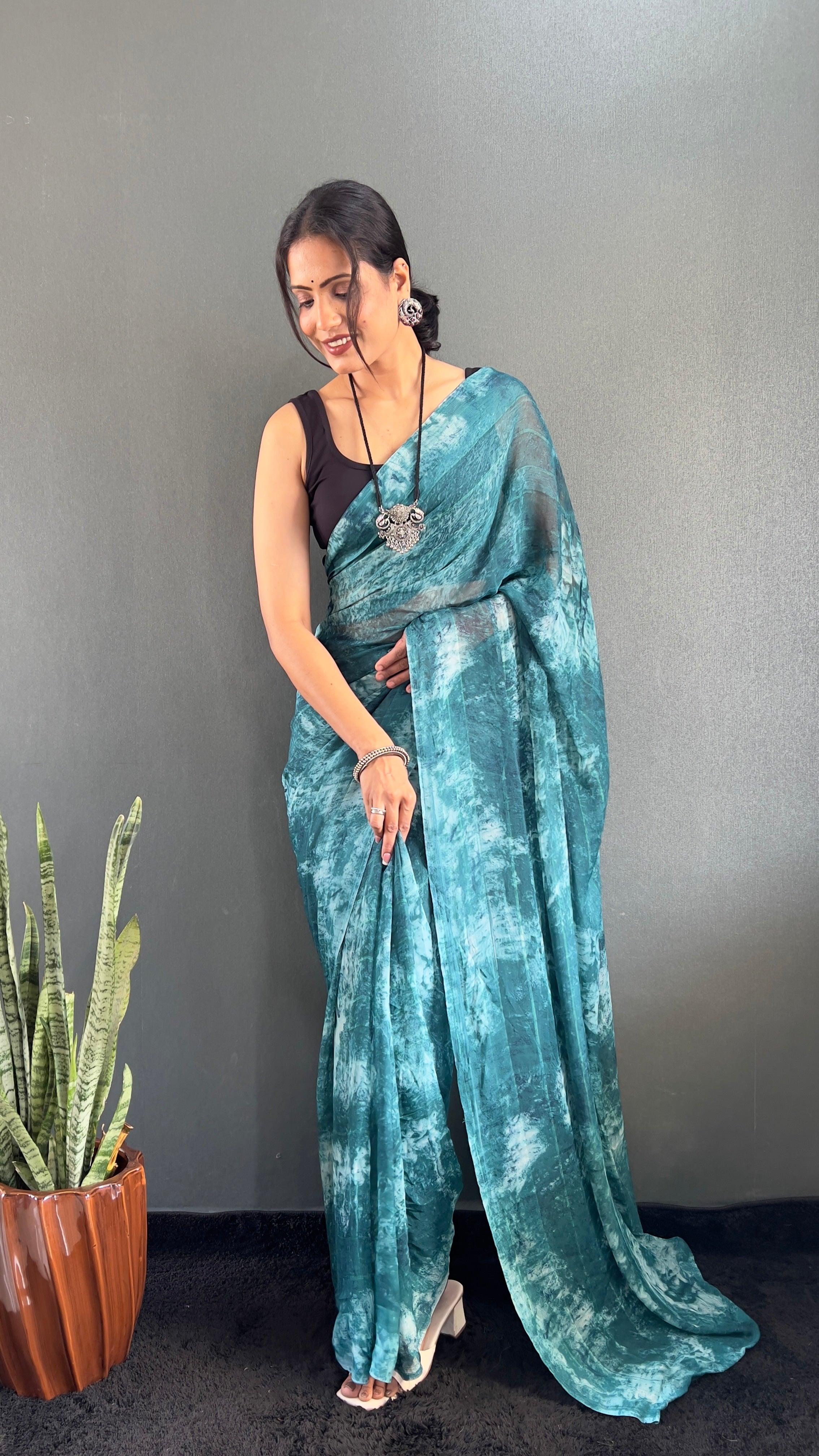 Adita One Minute Ready To Wear Blue Saree With Unstiched Blouse