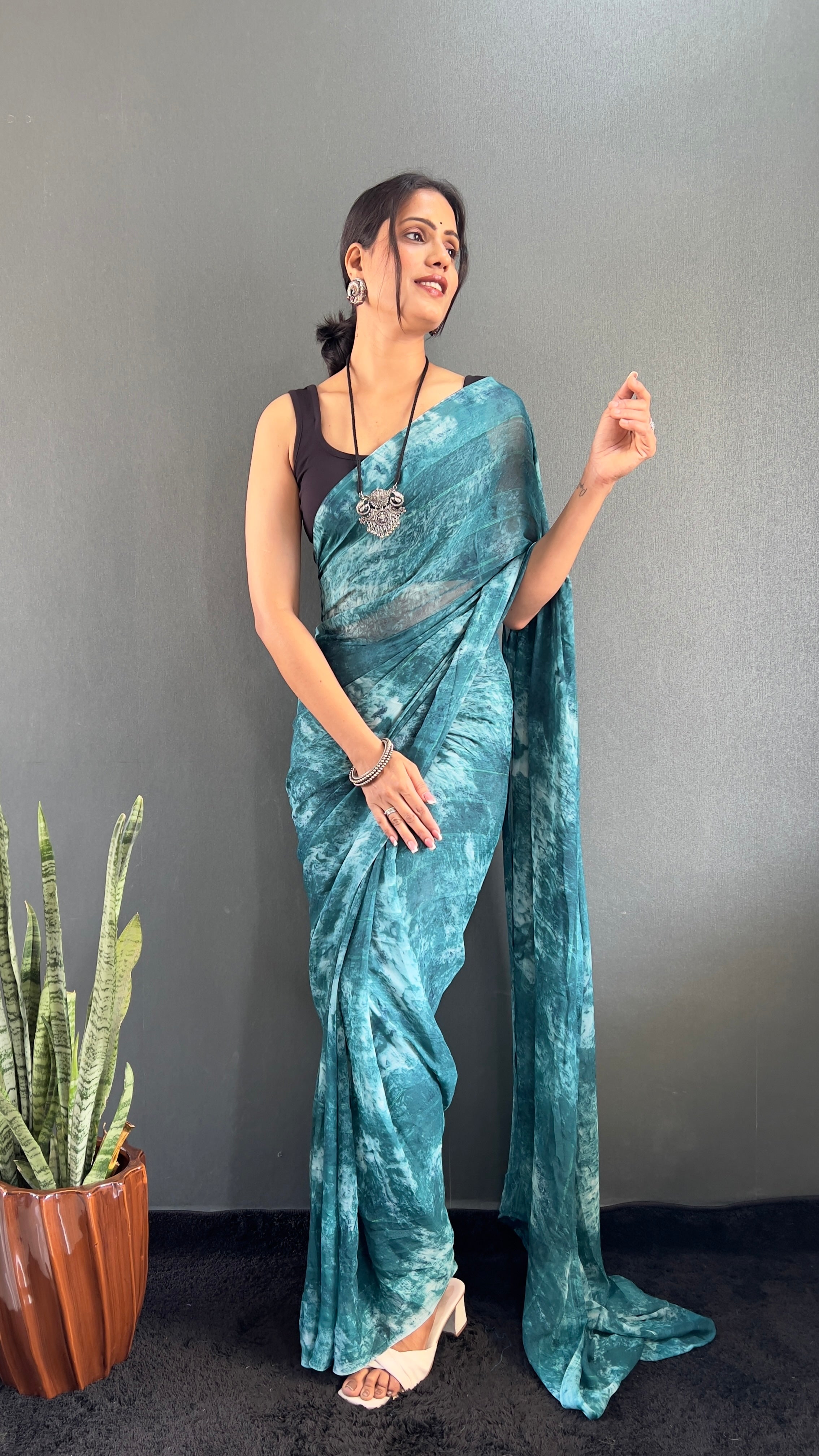 Adita One Minute Ready To Wear Blue Saree With Unstiched Blouse