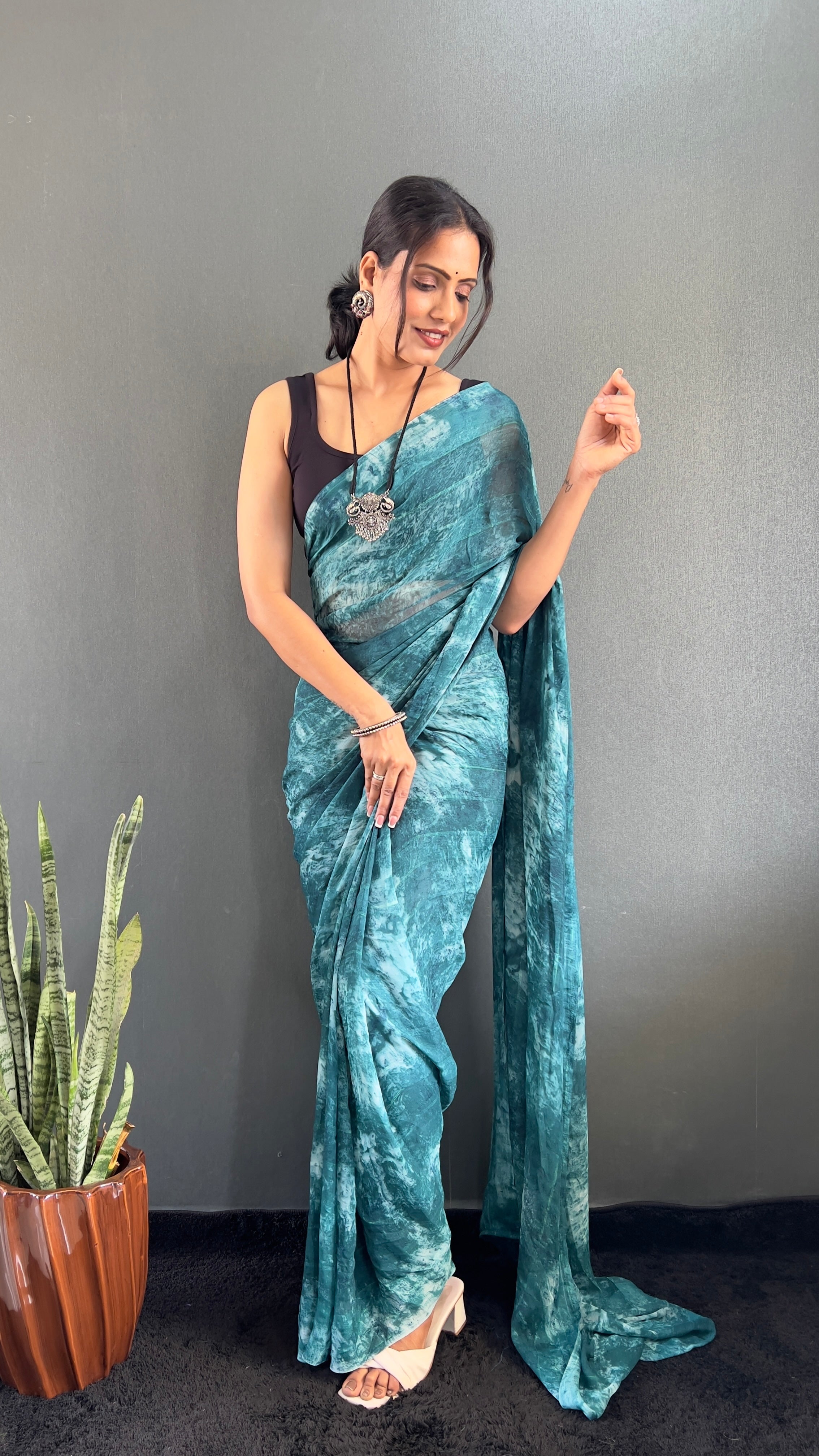 Adita One Minute Ready To Wear Blue Saree With Unstiched Blouse