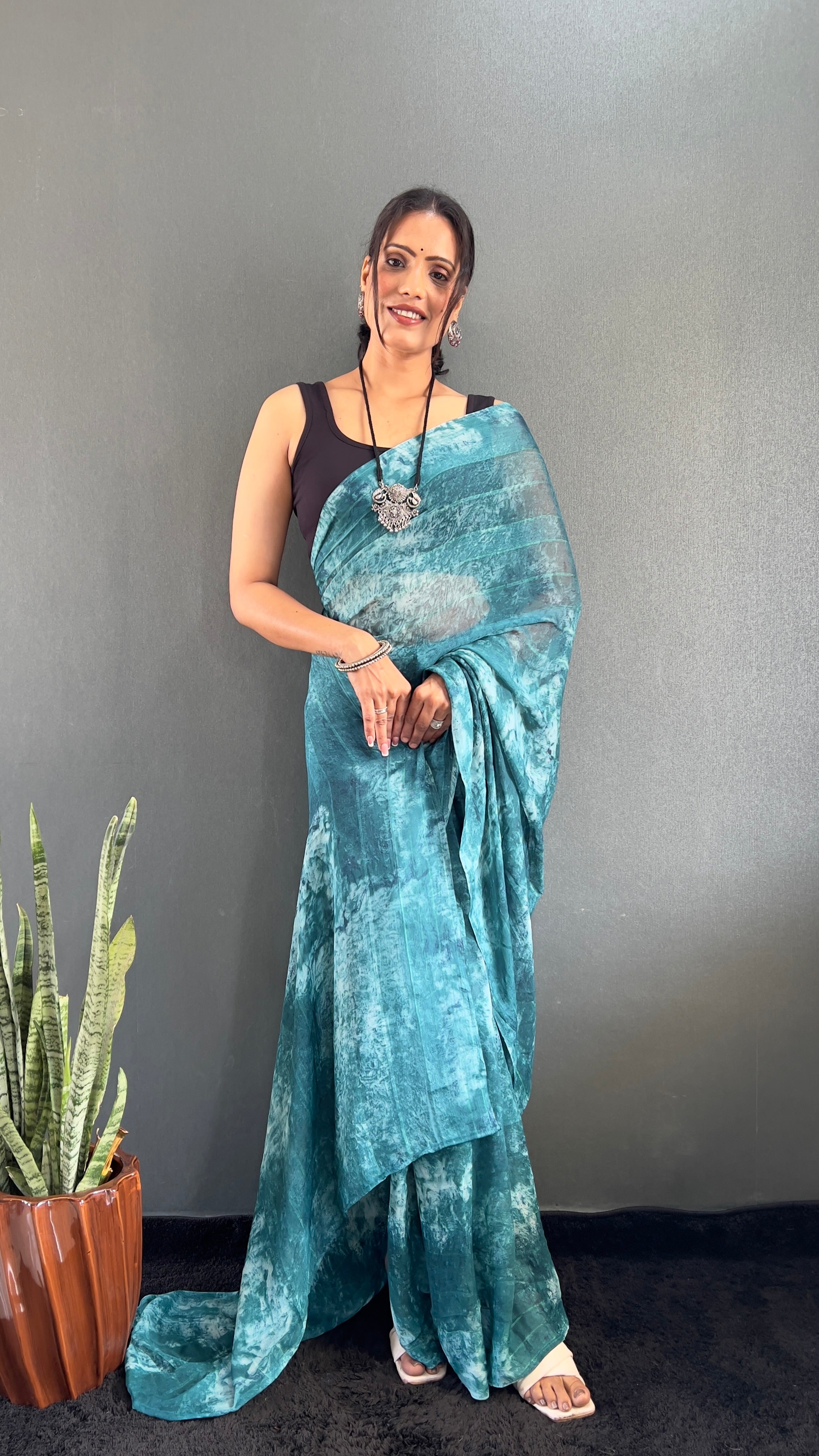 Adita One Minute Ready To Wear Blue Saree With Unstiched Blouse