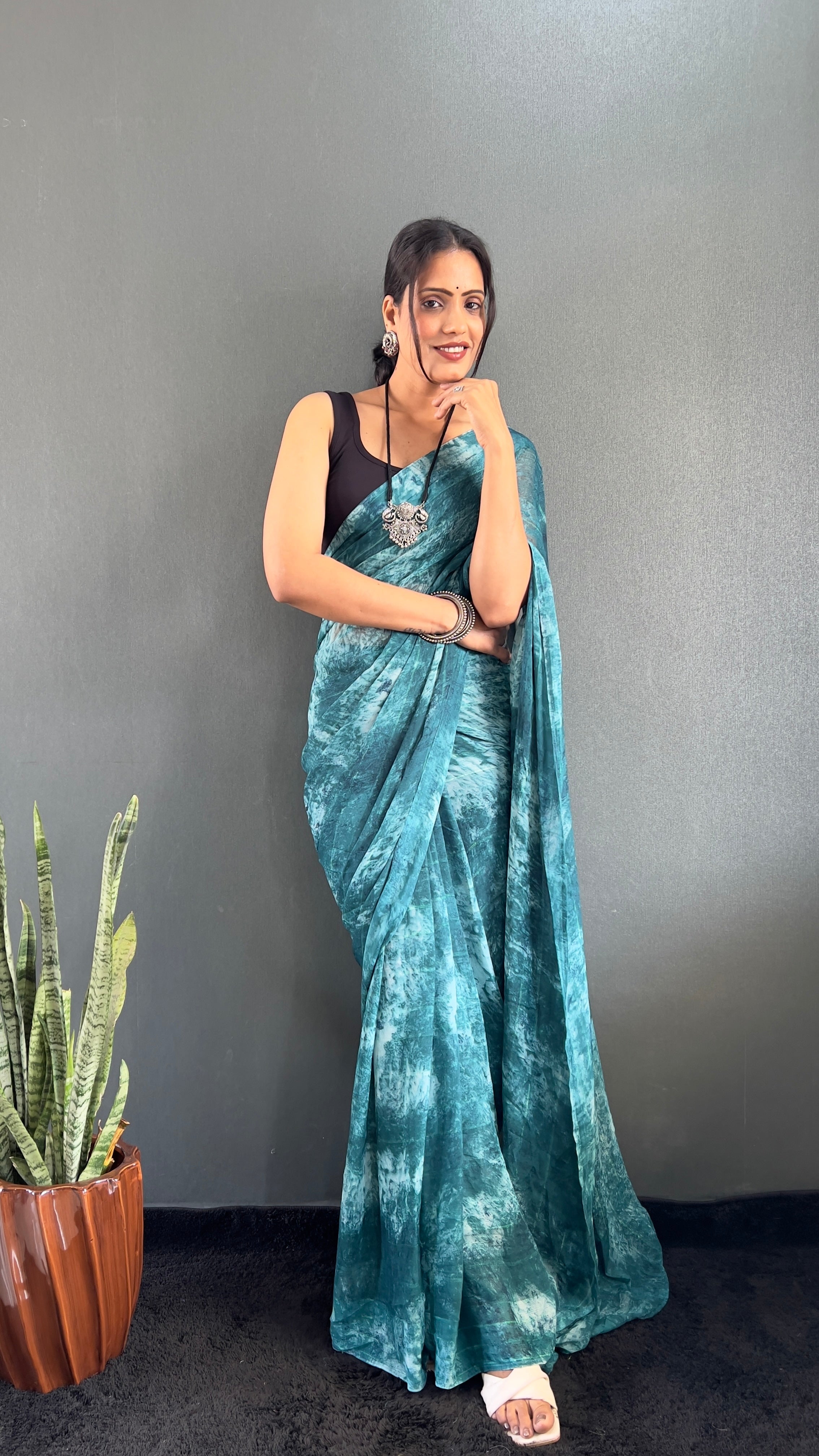 Adita One Minute Ready To Wear Blue Saree With Unstiched Blouse