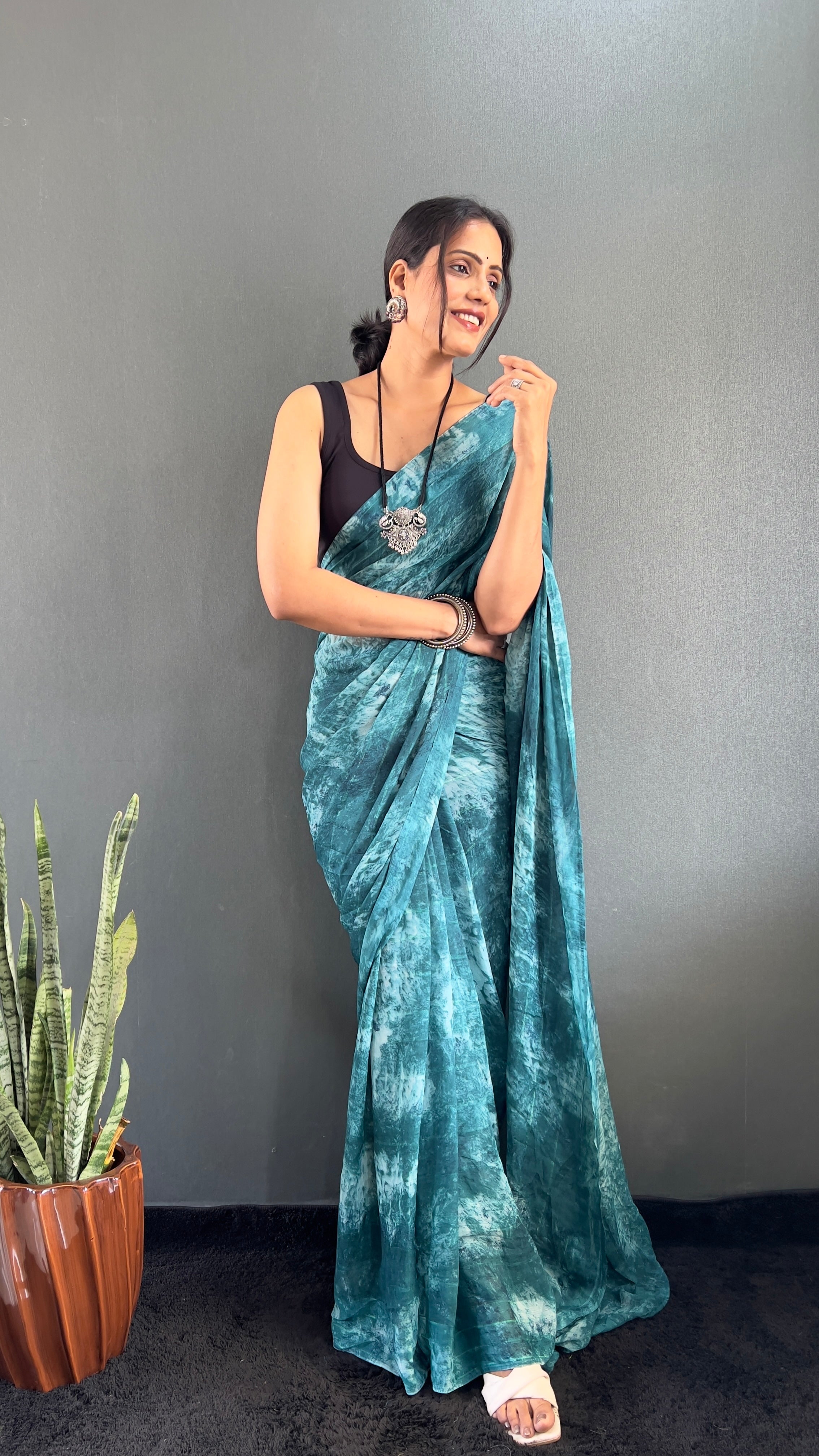 Adita One Minute Ready To Wear Blue Saree With Unstiched Blouse