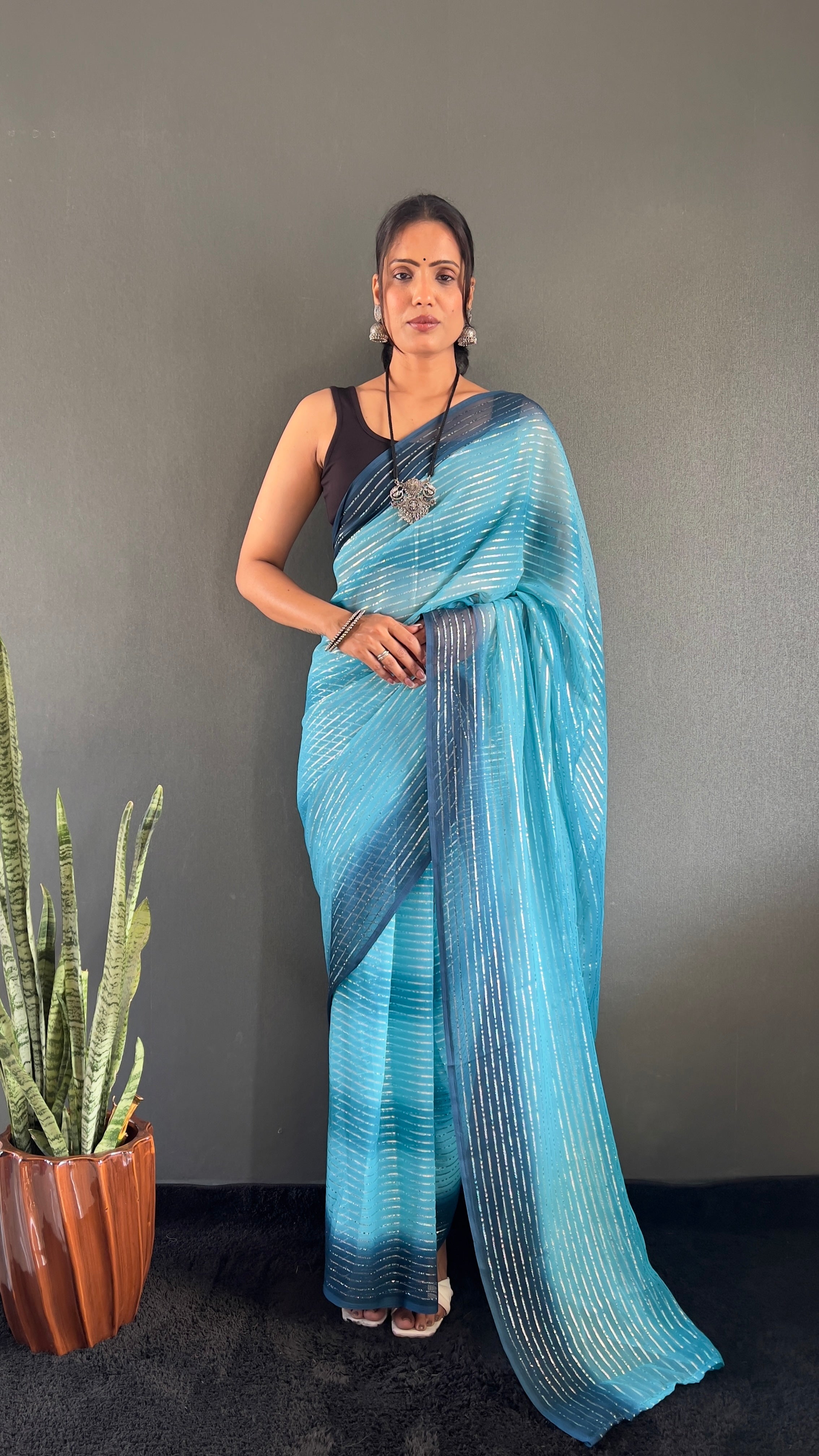 Gemma One Minute Ready To Wear Dual Blue Shade Saree With Unstiched Blouse