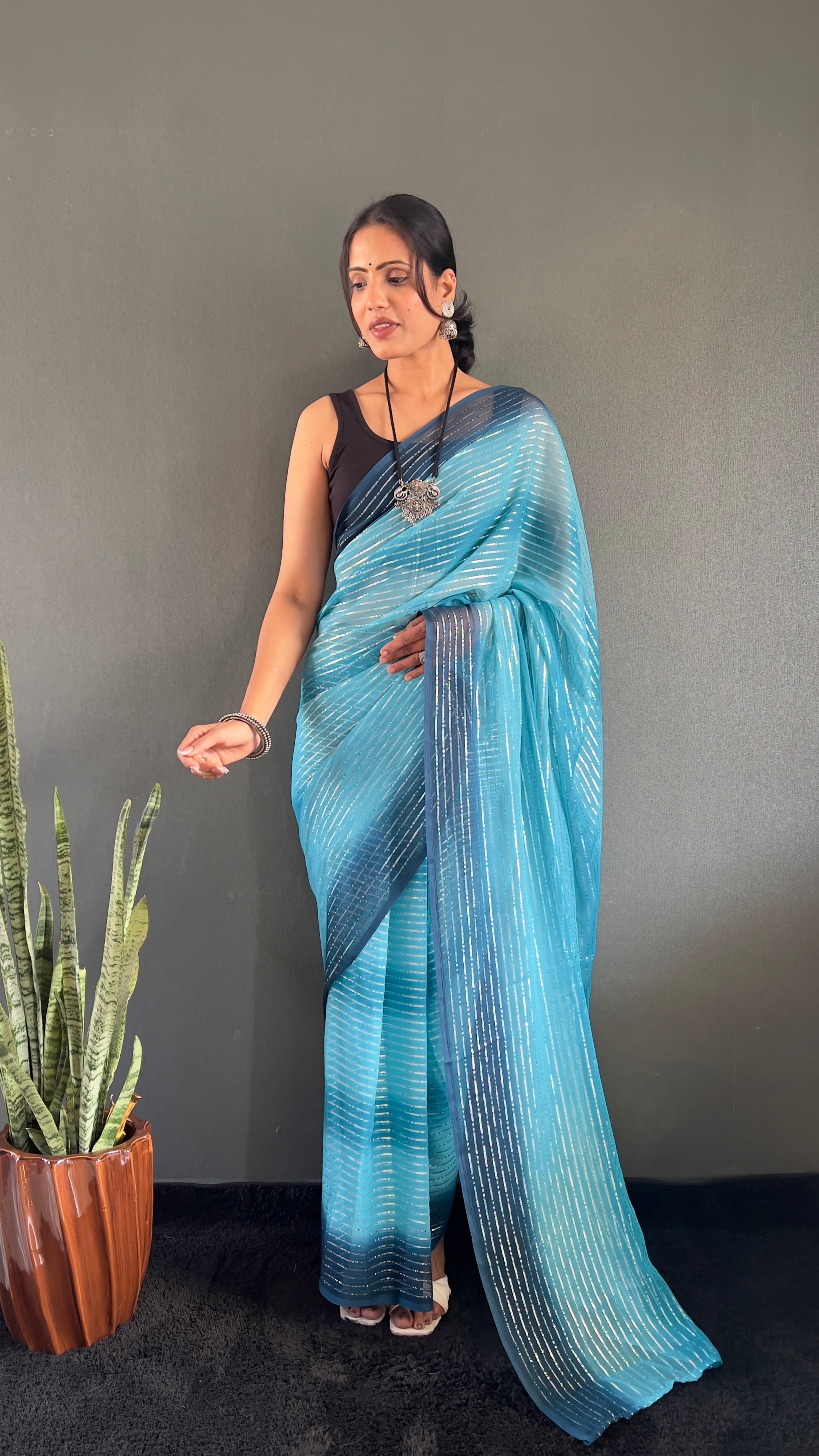 Gemma One Minute Ready To Wear Dual Blue Shade Saree With Unstiched Blouse