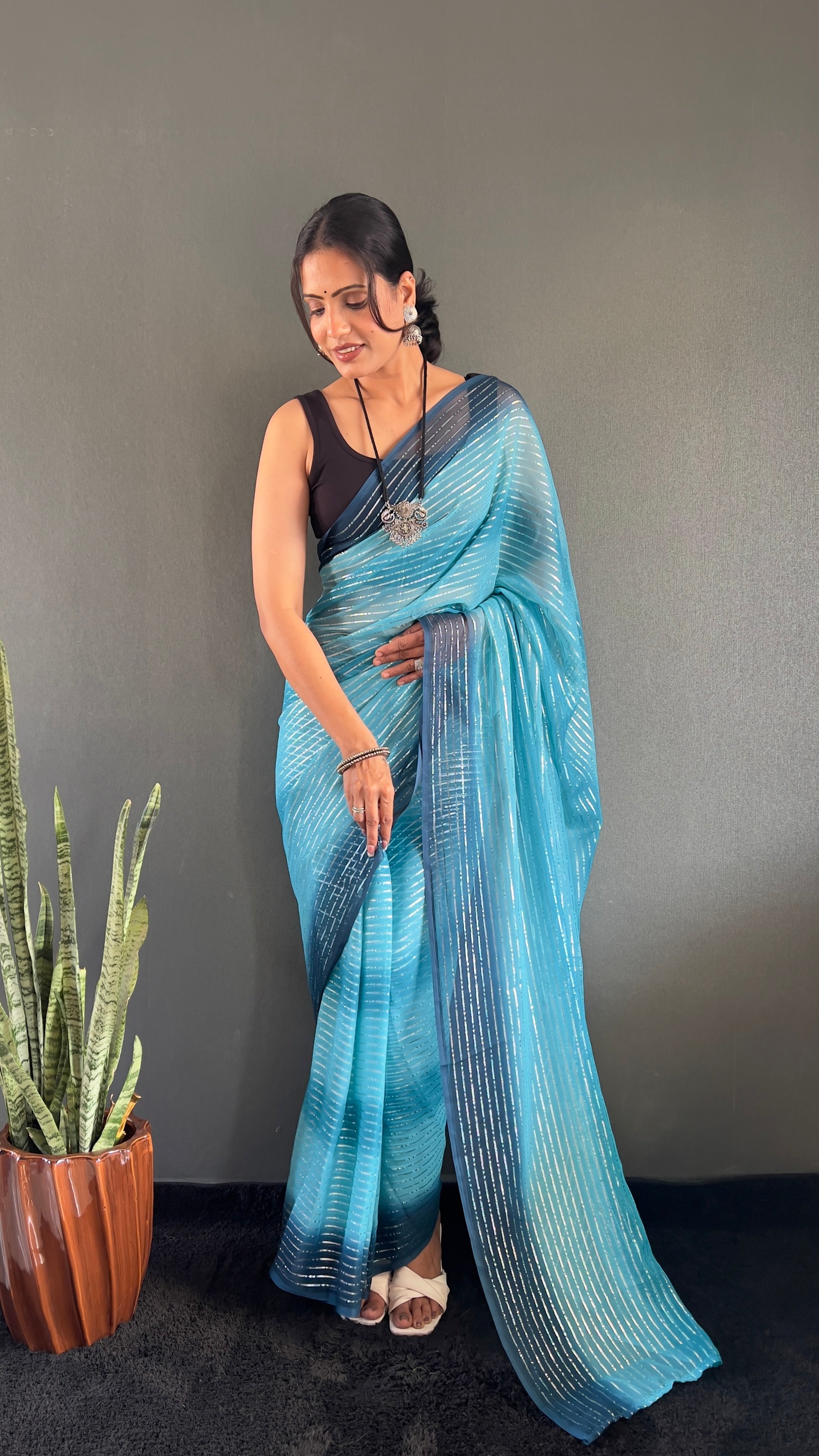 Gemma One Minute Ready To Wear Dual Blue Shade Saree With Unstiched Blouse