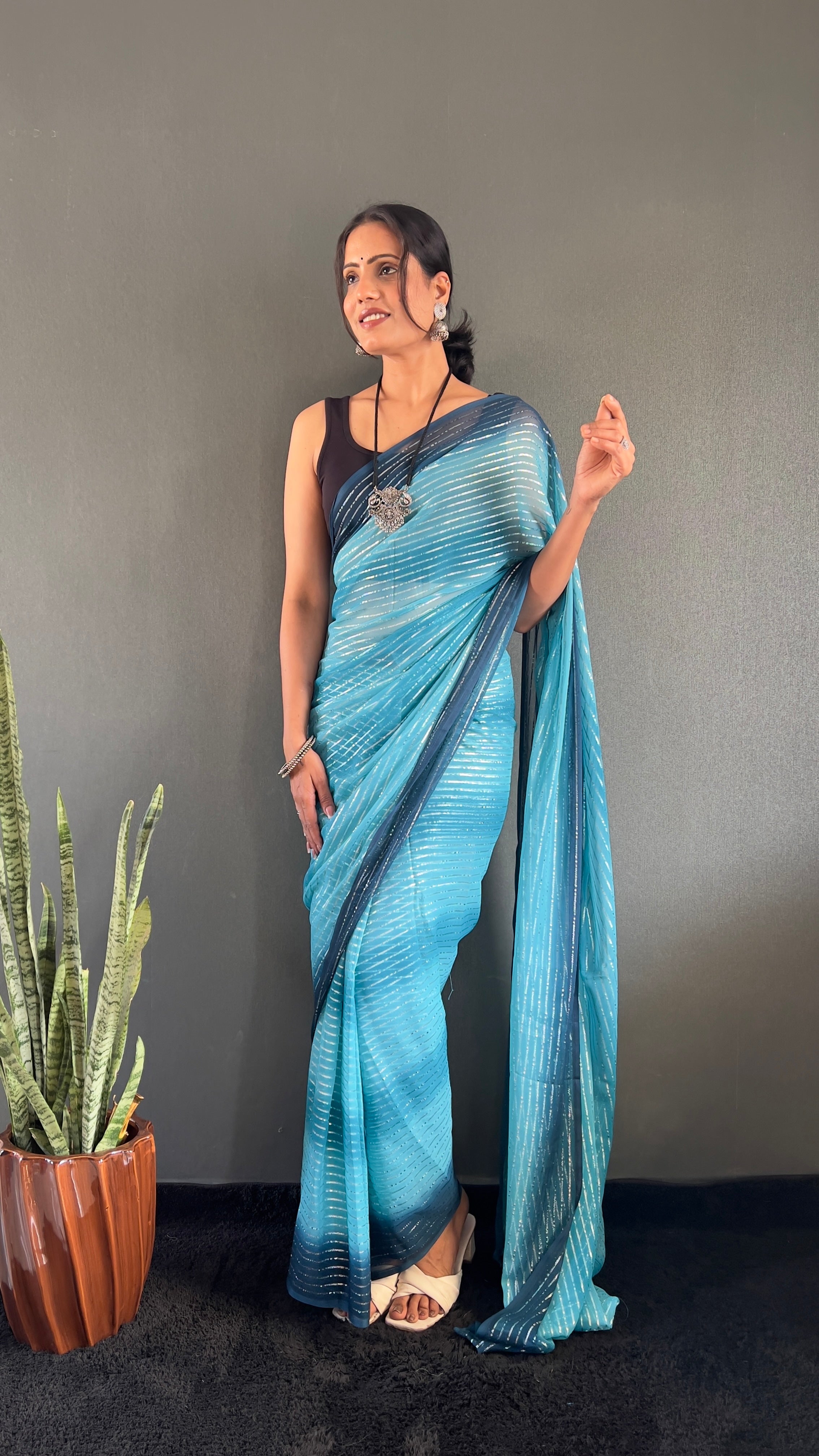 Gemma One Minute Ready To Wear Dual Blue Shade Saree With Unstiched Blouse