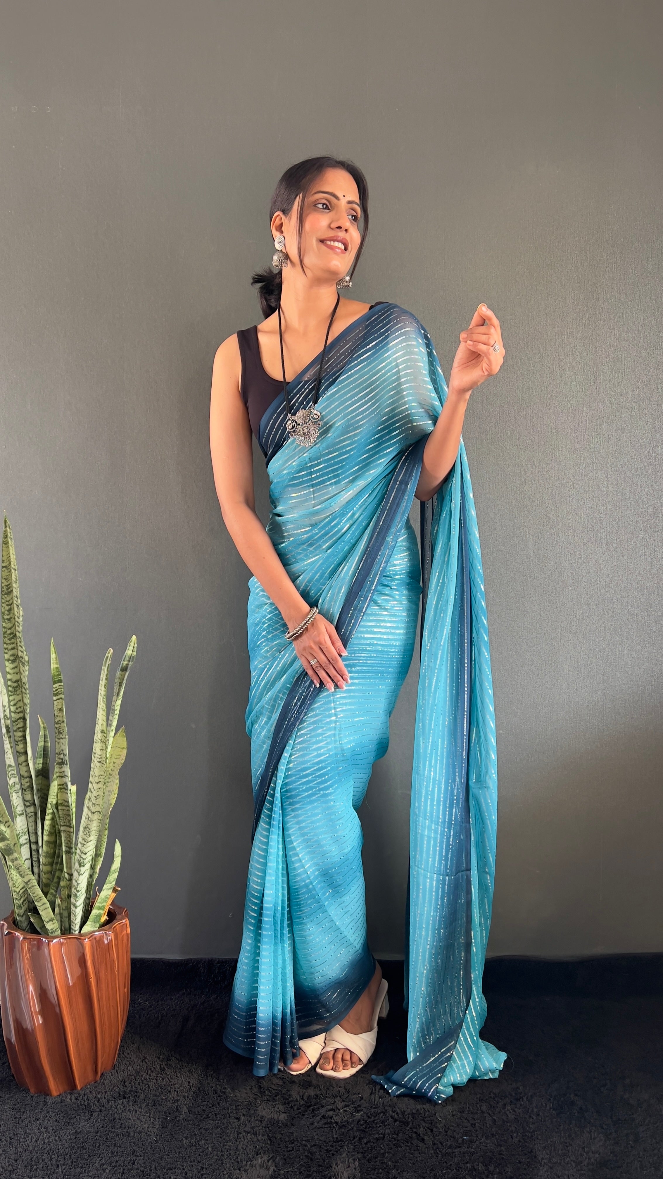 Gemma One Minute Ready To Wear Dual Blue Shade Saree With Unstiched Blouse