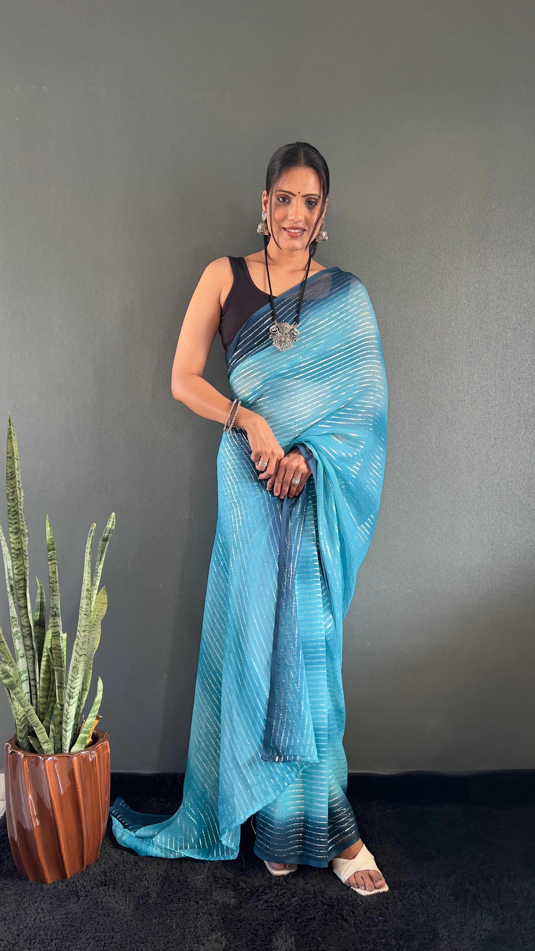 Gemma One Minute Ready To Wear Dual Blue Shade Saree With Unstiched Blouse