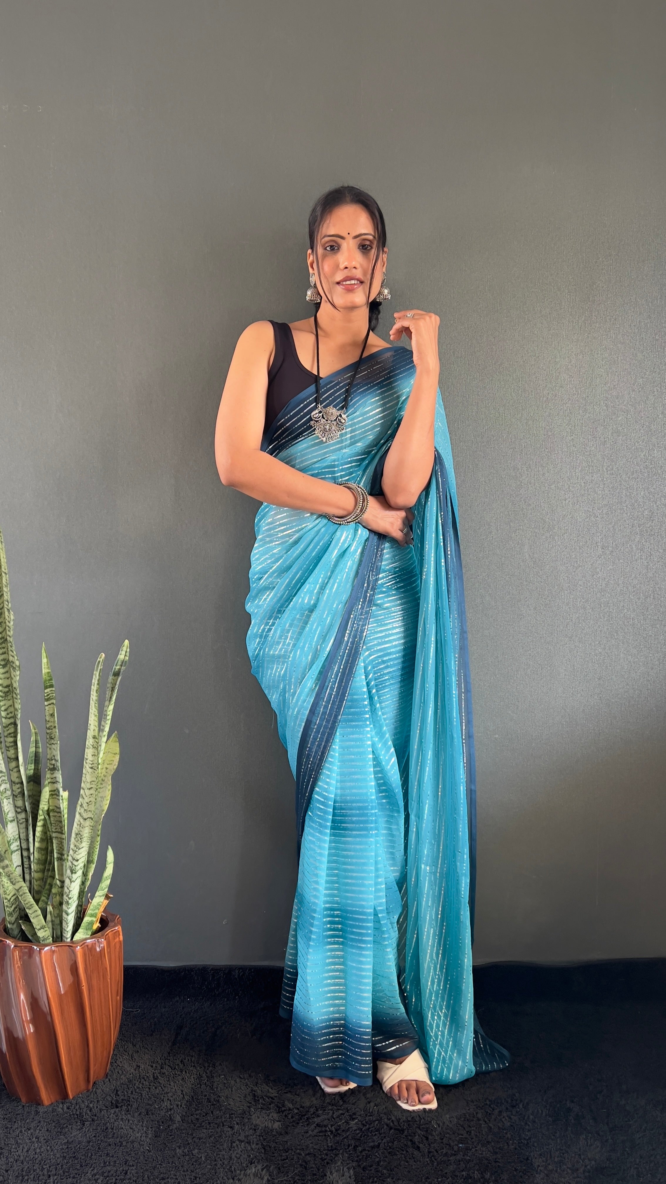 Gemma One Minute Ready To Wear Dual Blue Shade Saree With Unstiched Blouse