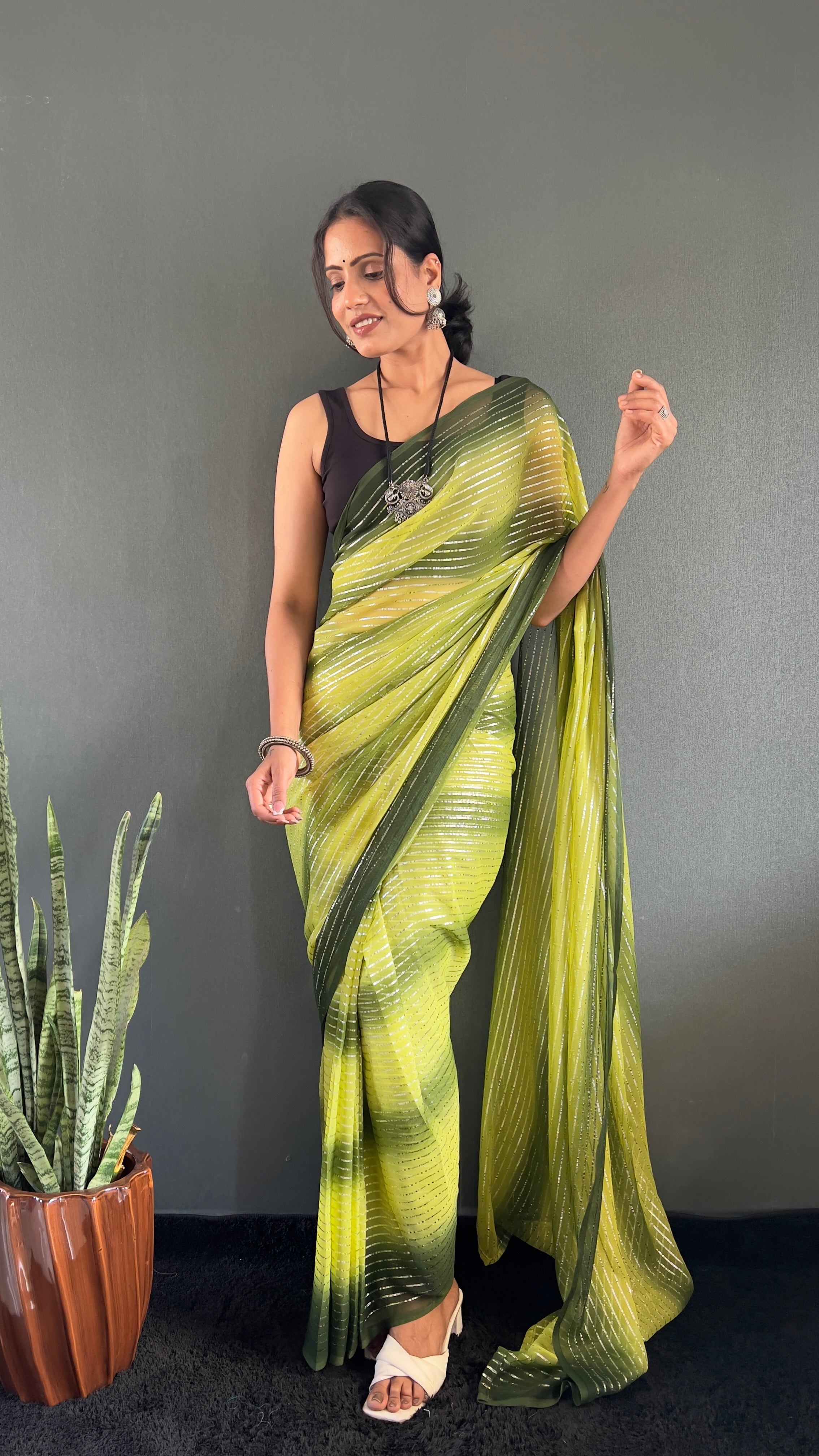 Gemma One Minute Ready To Wear Dual Yellow Shade Saree With Unstiched Blouse