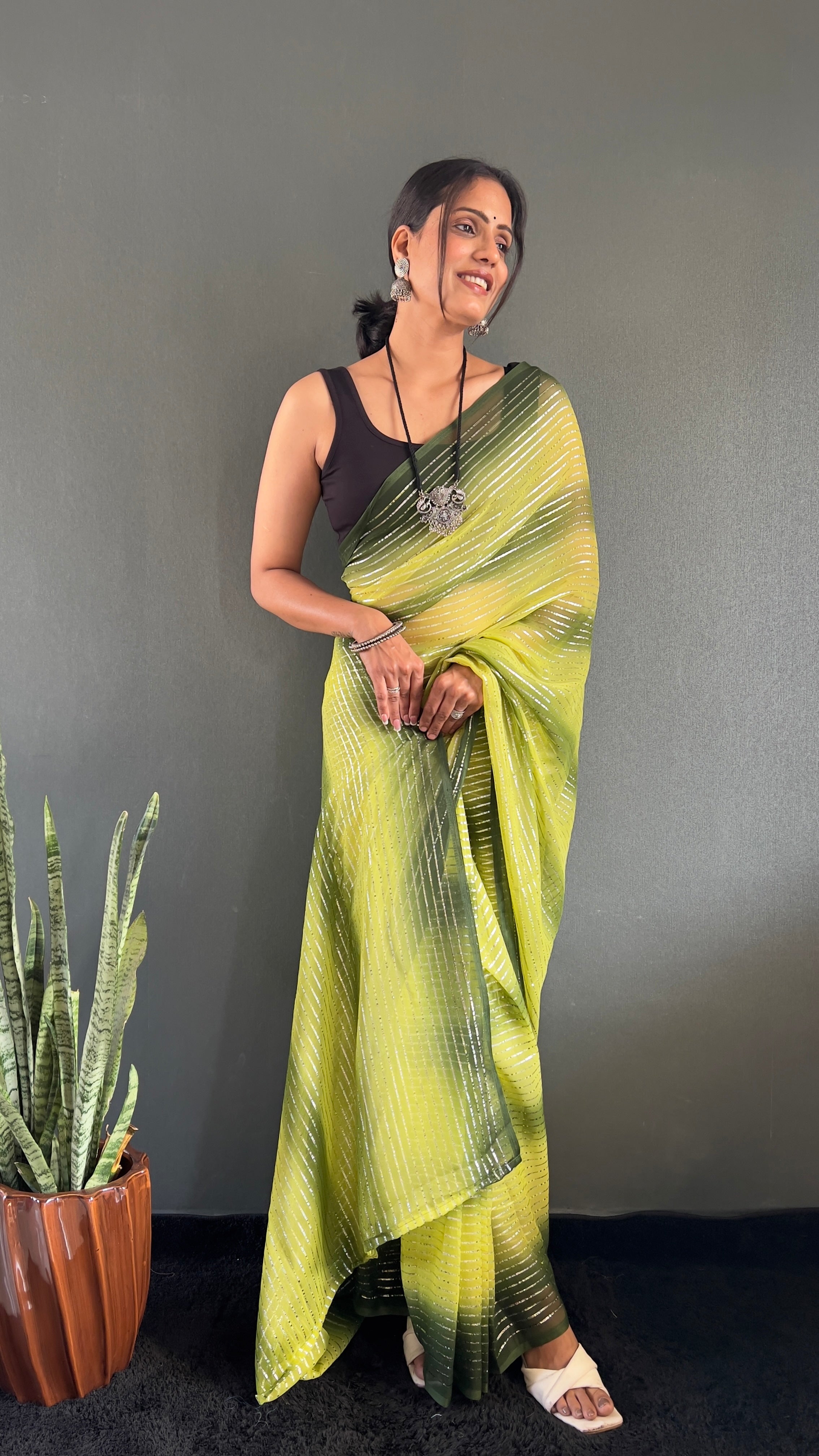 Gemma One Minute Ready To Wear Dual Yellow Shade Saree With Unstiched Blouse