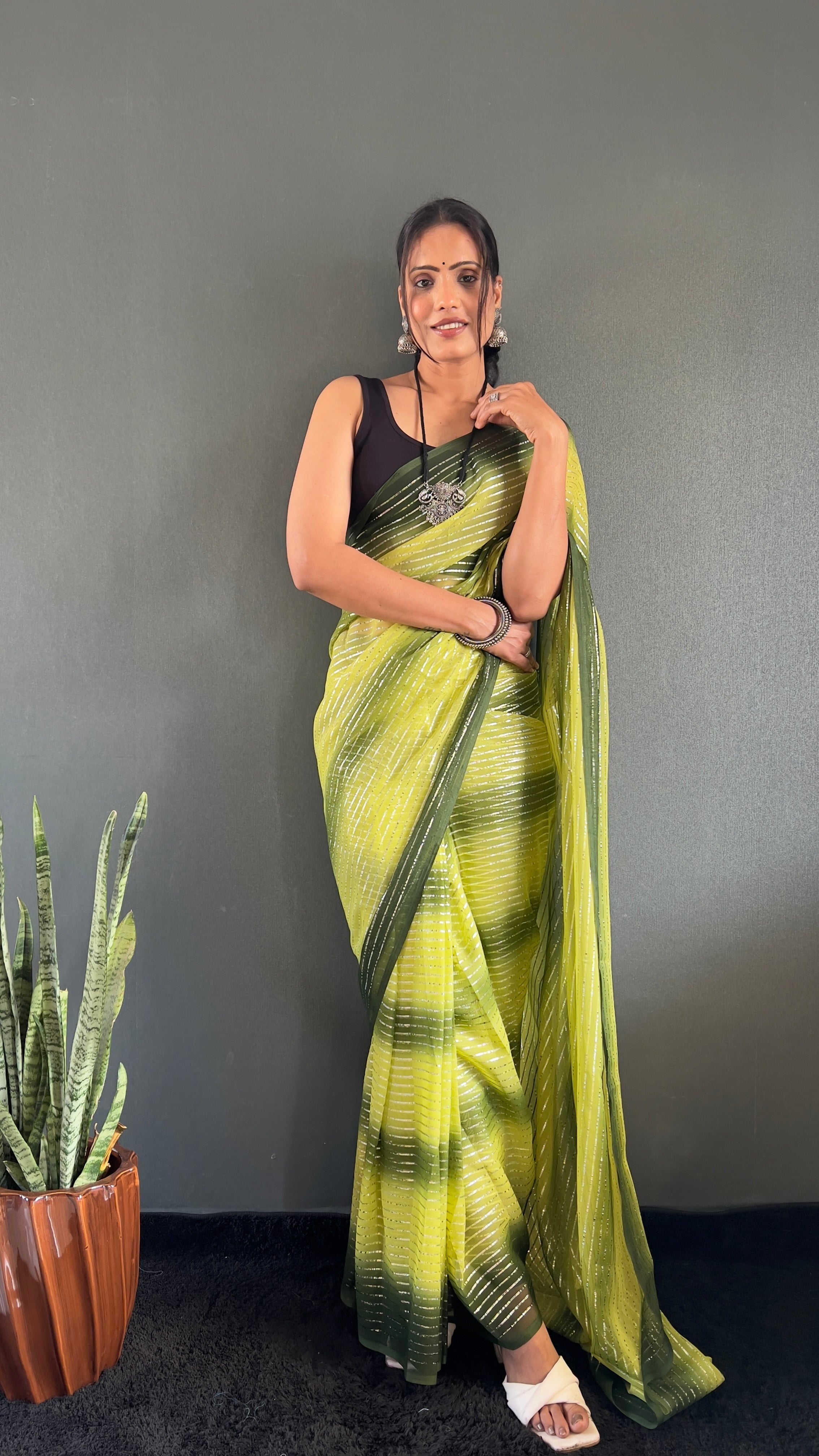 Gemma One Minute Ready To Wear Dual Yellow Shade Saree With Unstiched Blouse