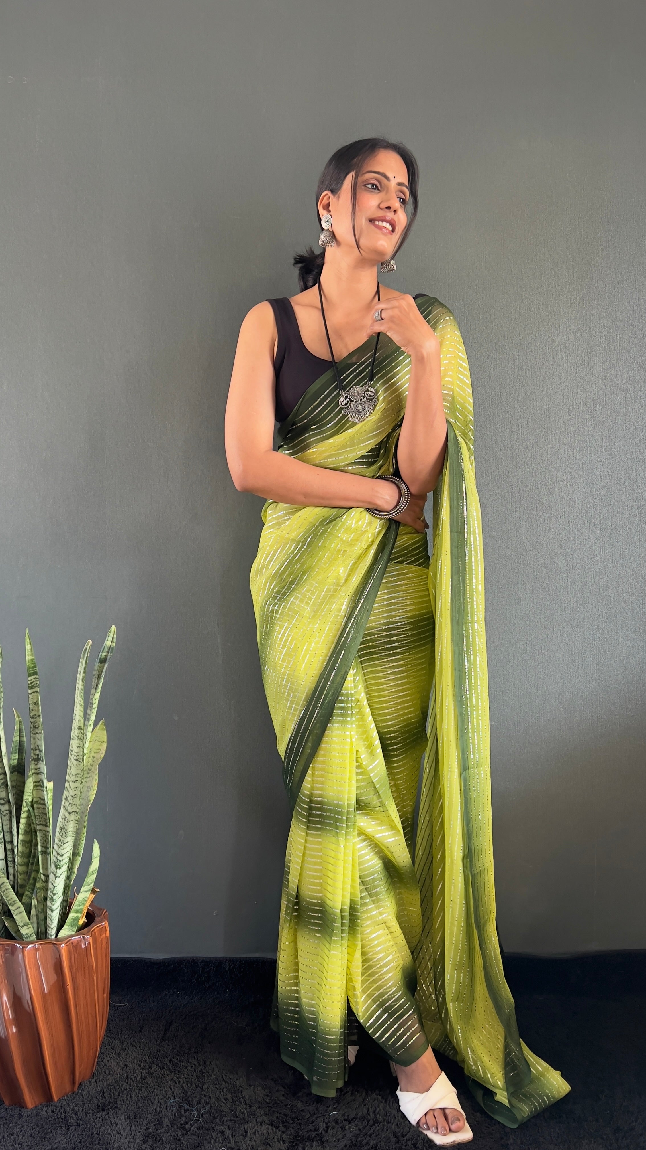 Gemma One Minute Ready To Wear Dual Yellow Shade Saree With Unstiched Blouse