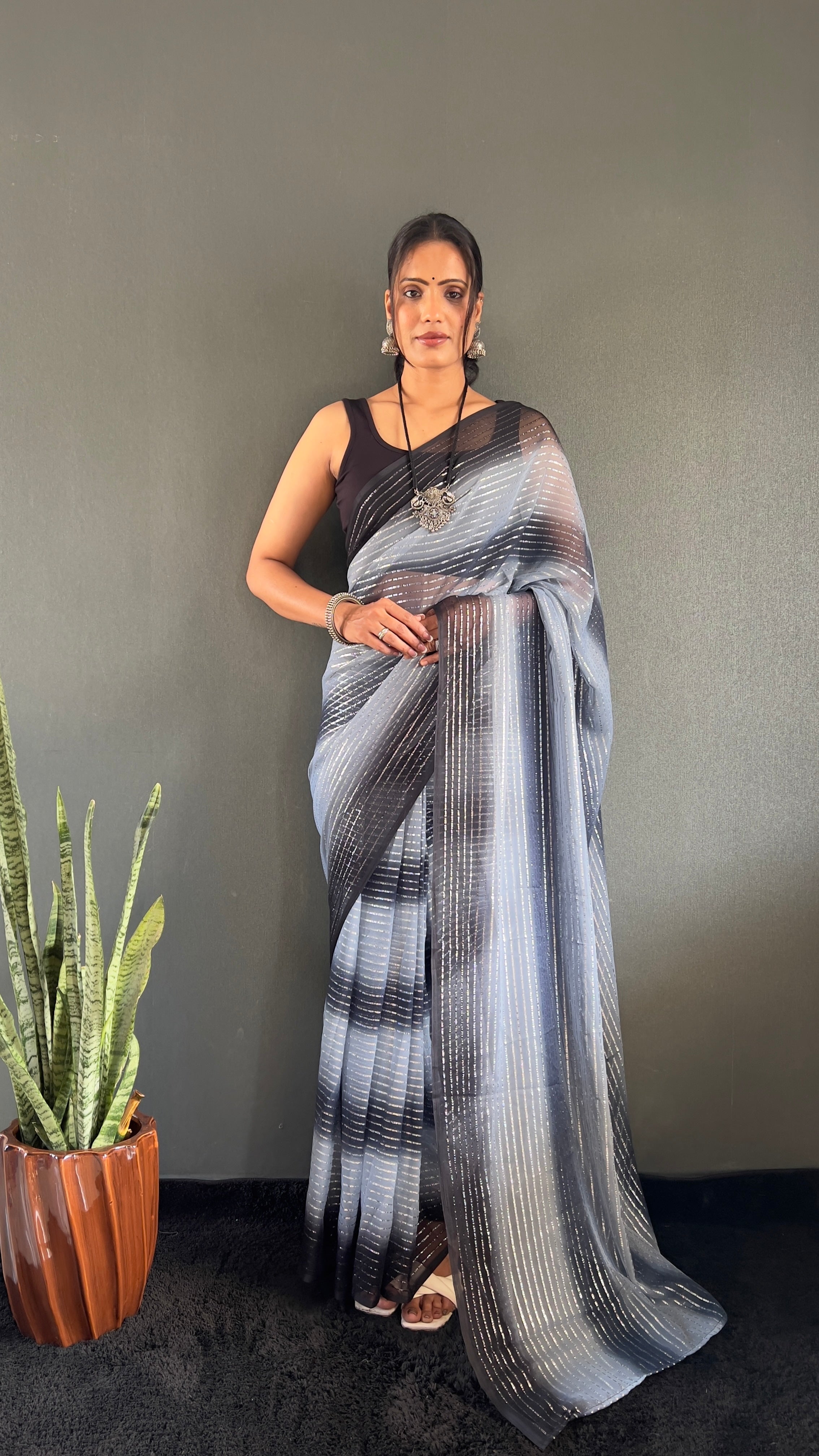 Gemma One Minute Ready To Wear Dual Grey Shade Saree With Unstiched Blouse