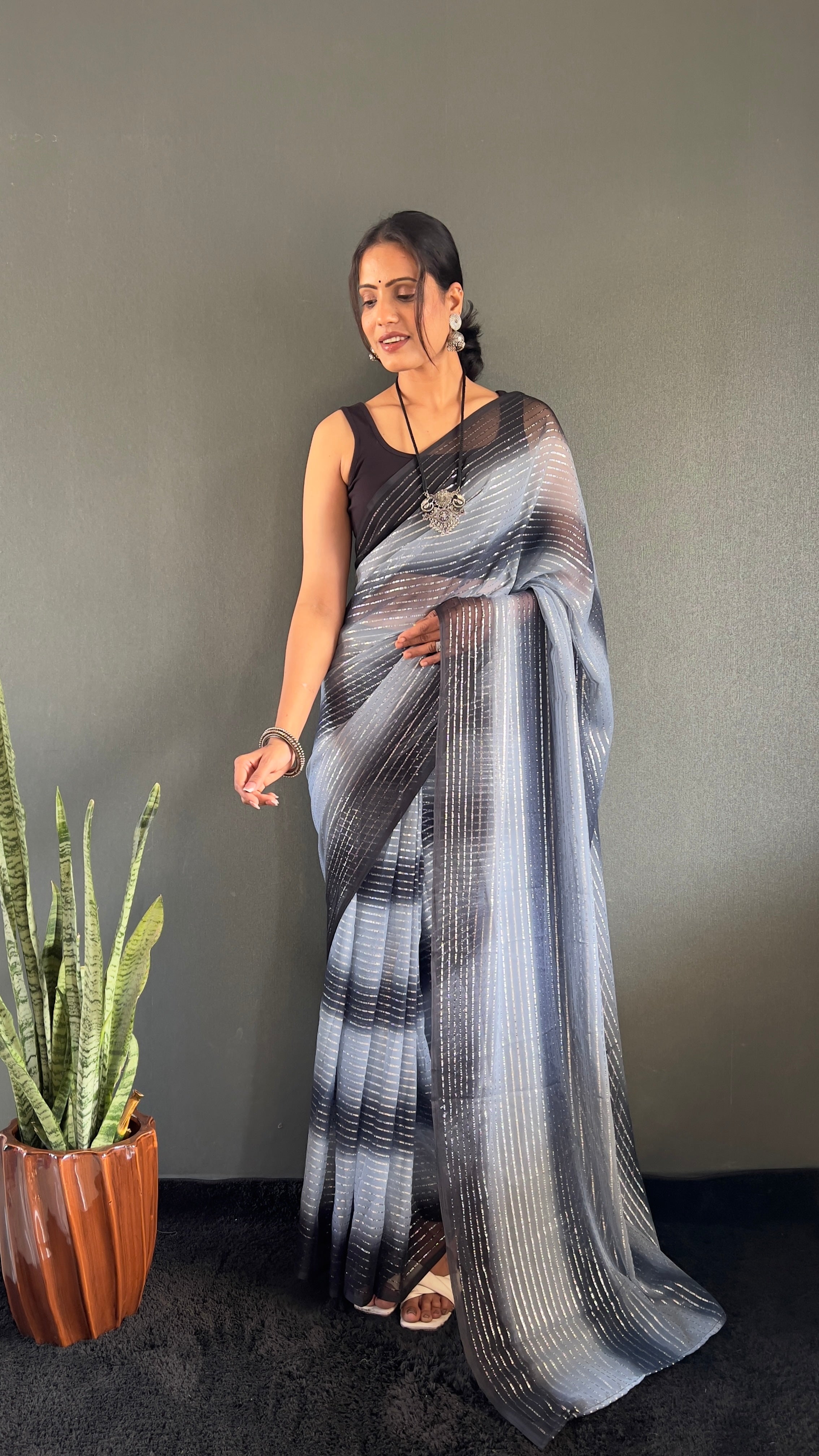 Gemma One Minute Ready To Wear Dual Grey Shade Saree With Unstiched Blouse