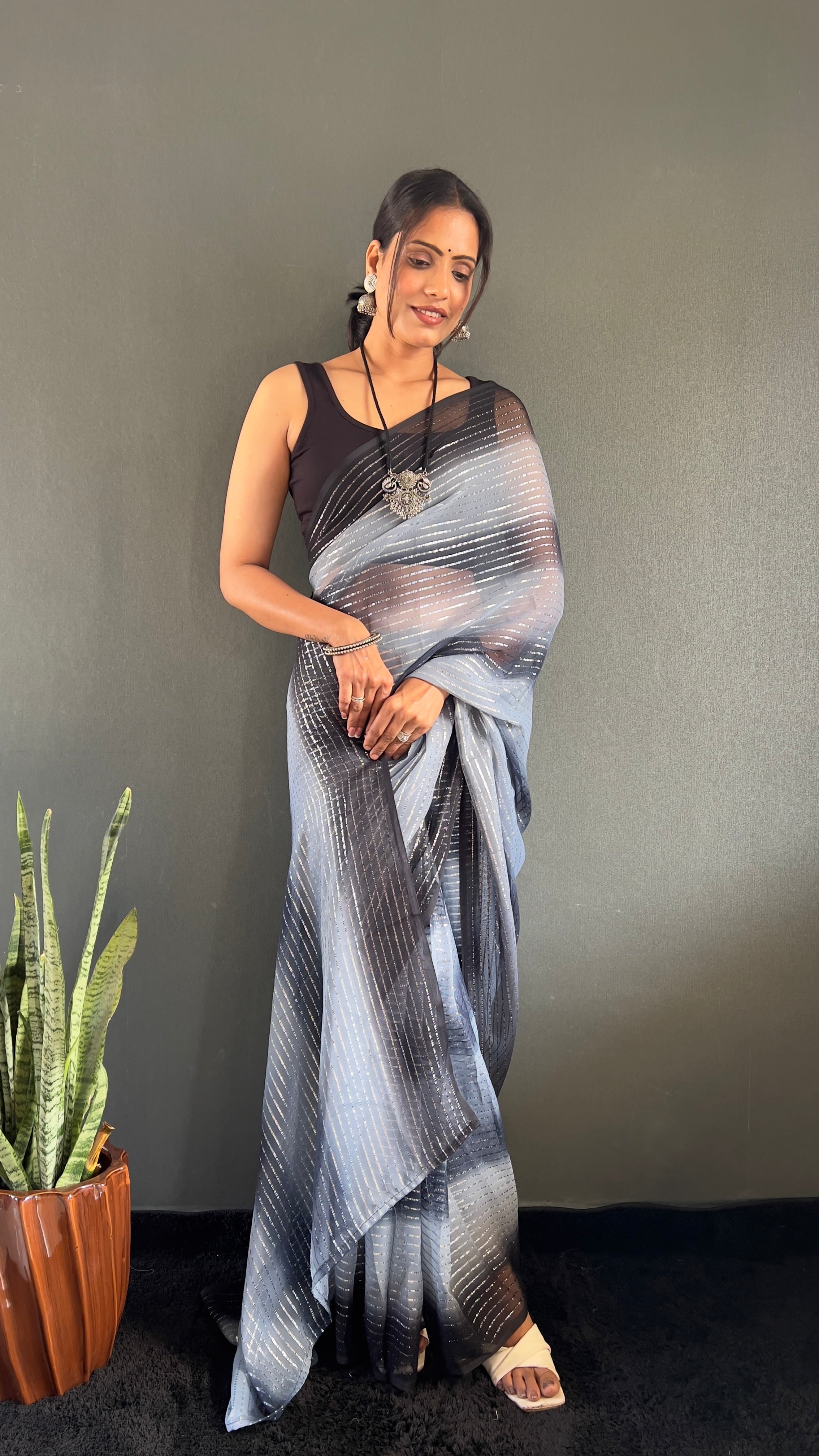 Gemma One Minute Ready To Wear Dual Grey Shade Saree With Unstiched Blouse