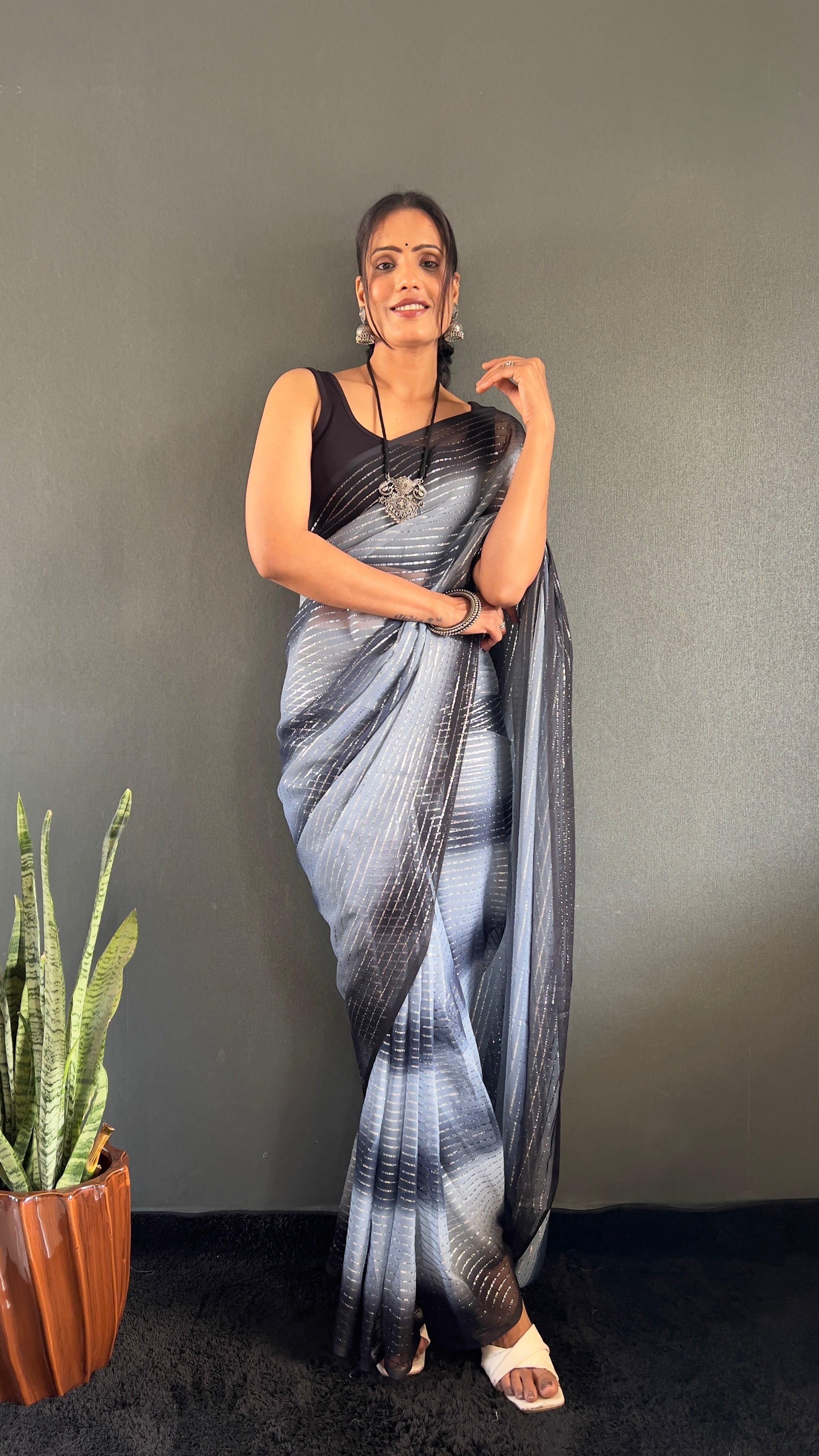 Gemma One Minute Ready To Wear Dual Grey Shade Saree With Unstiched Blouse