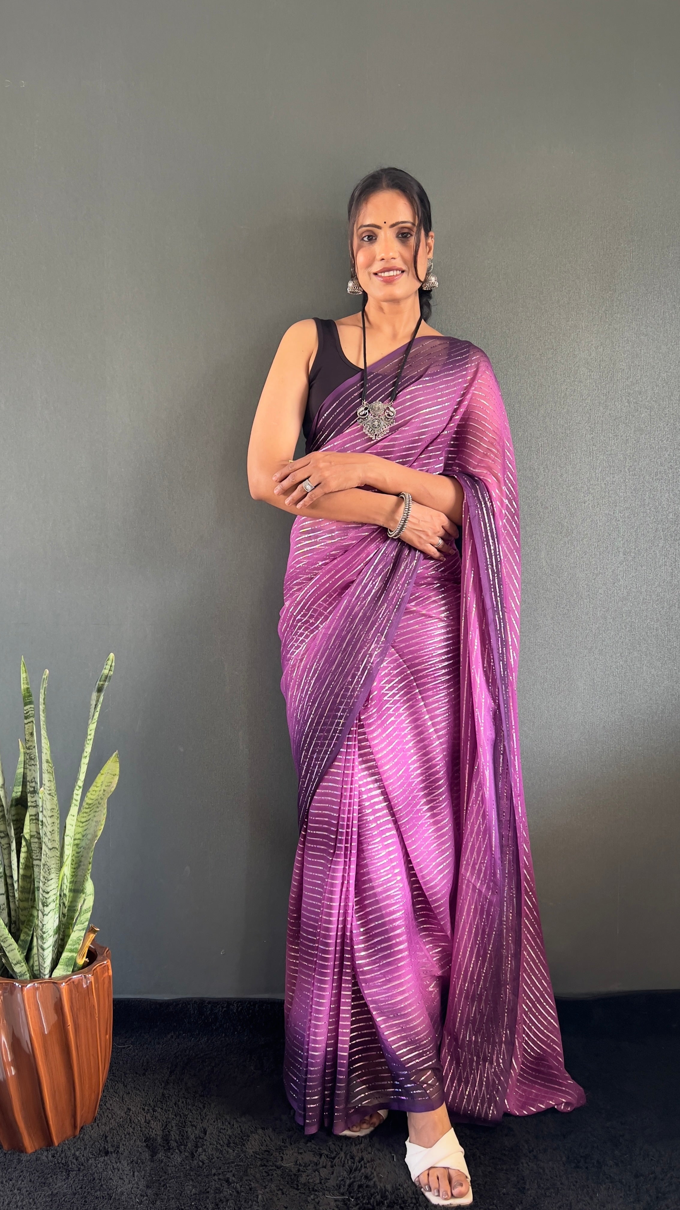 Gemma One Minute Ready To Wear Dual Wine Shade Saree With Unstiched Blouse