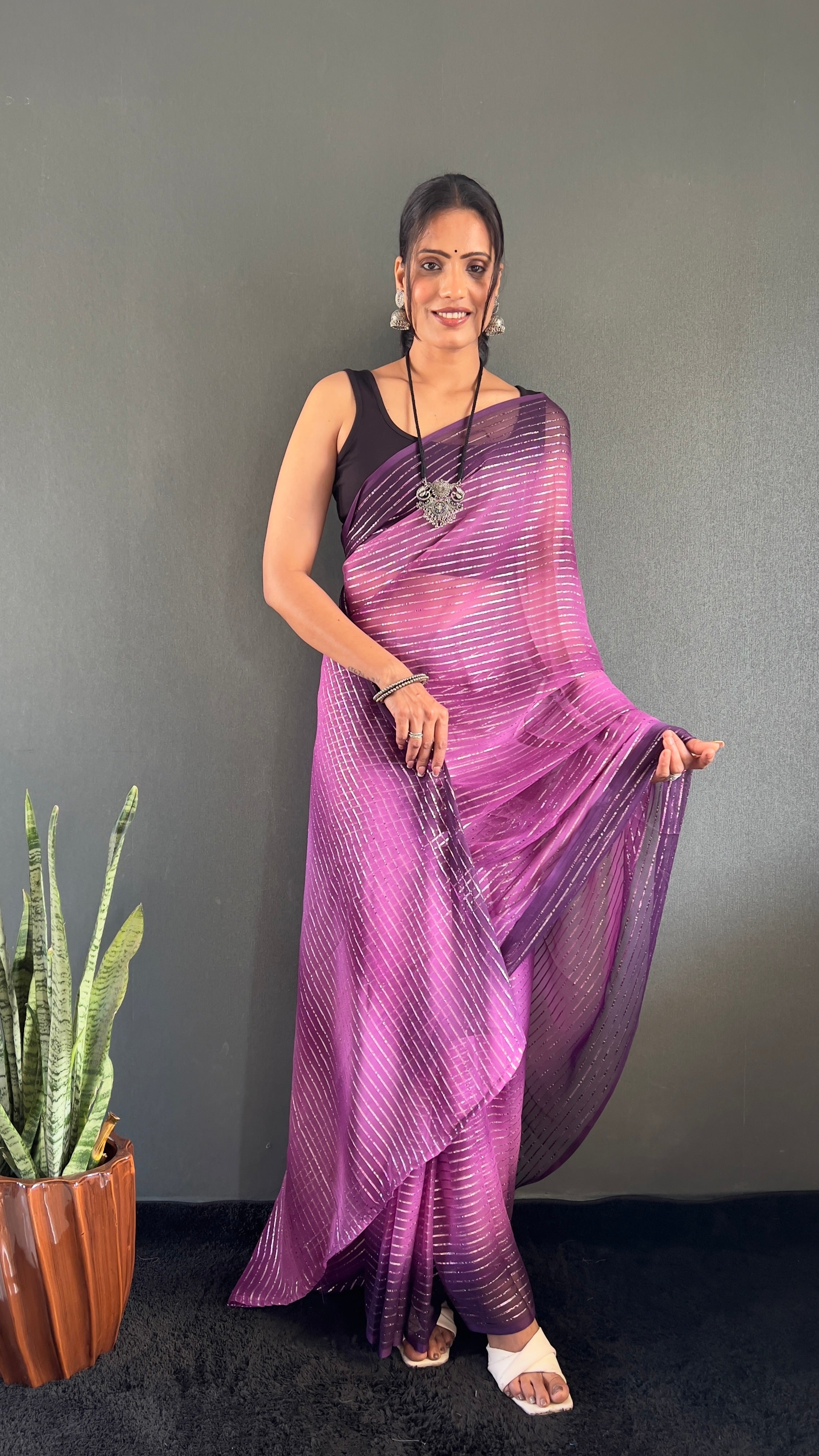 Gemma One Minute Ready To Wear Dual Wine Shade Saree With Unstiched Blouse