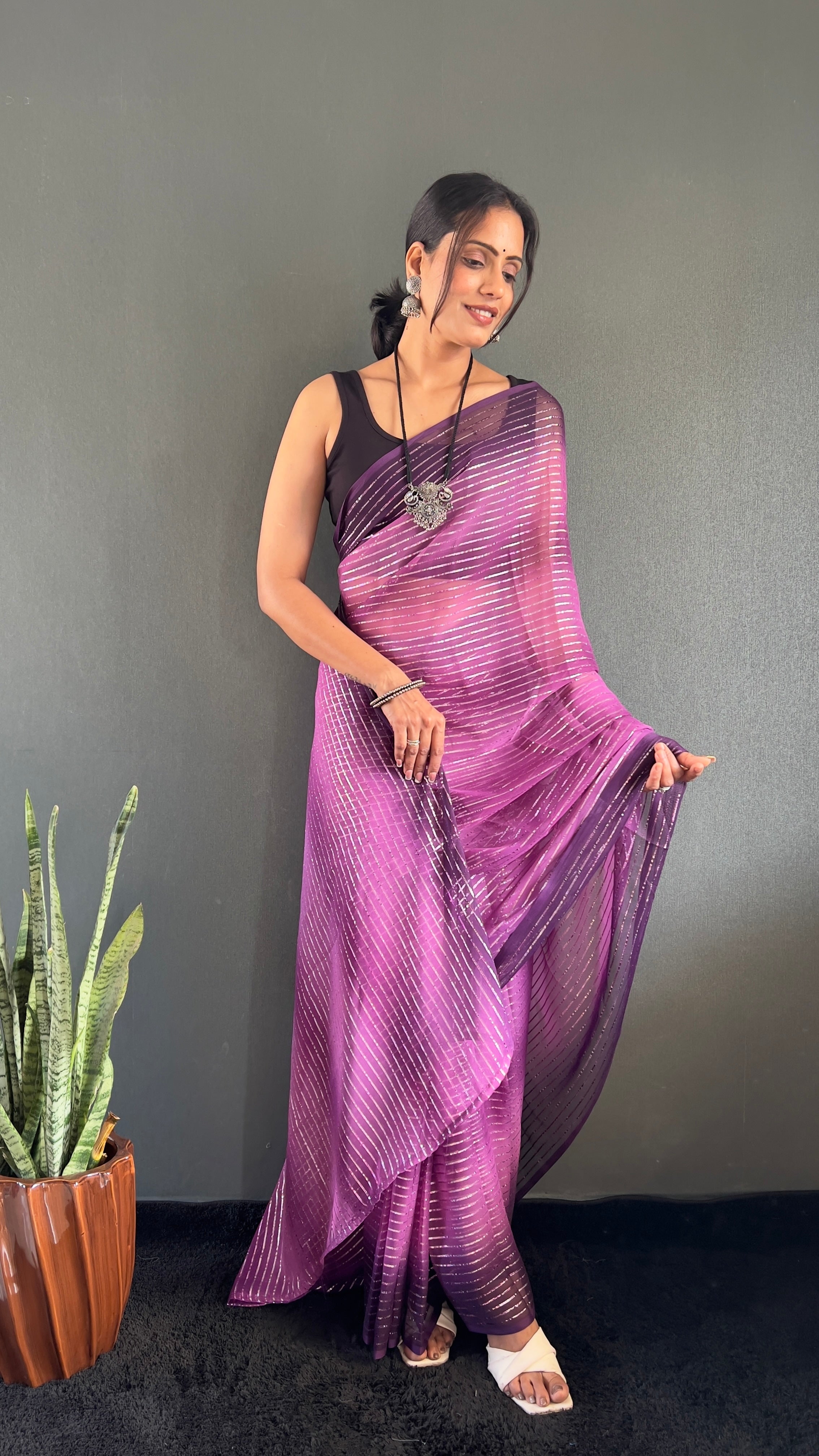 Gemma One Minute Ready To Wear Dual Wine Shade Saree With Unstiched Blouse