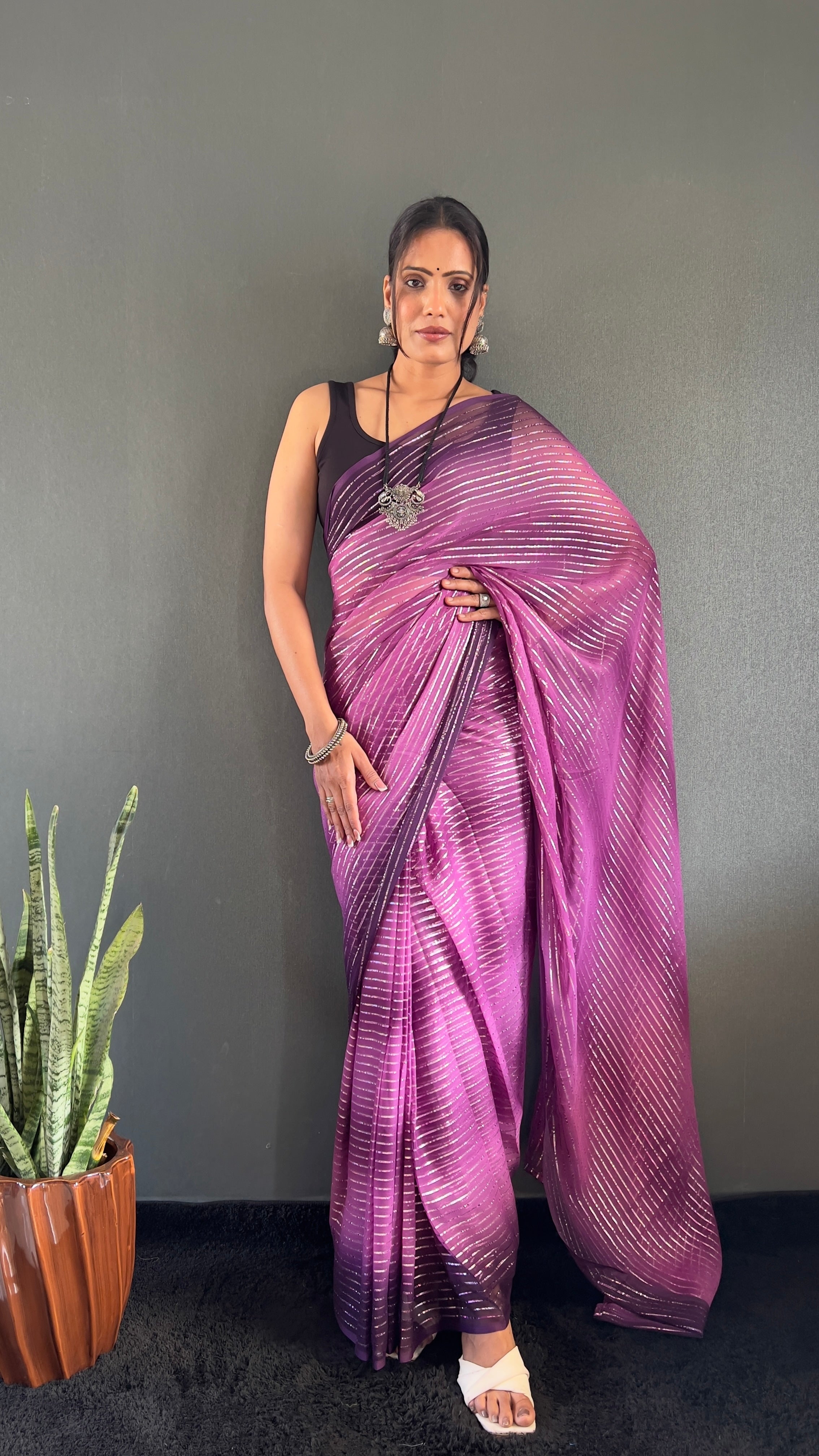 Gemma One Minute Ready To Wear Dual Wine Shade Saree With Unstiched Blouse