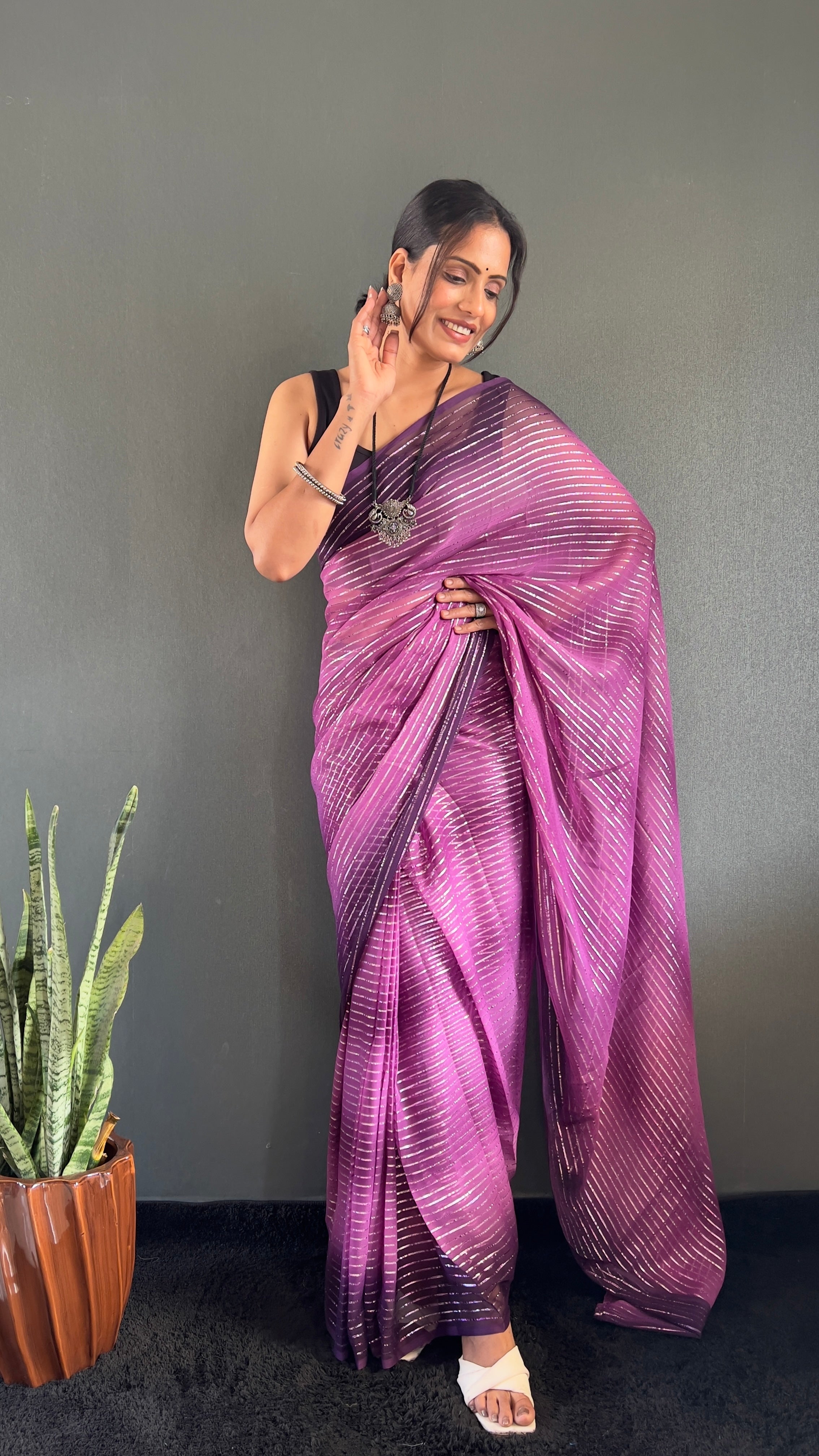 Gemma One Minute Ready To Wear Dual Wine Shade Saree With Unstiched Blouse