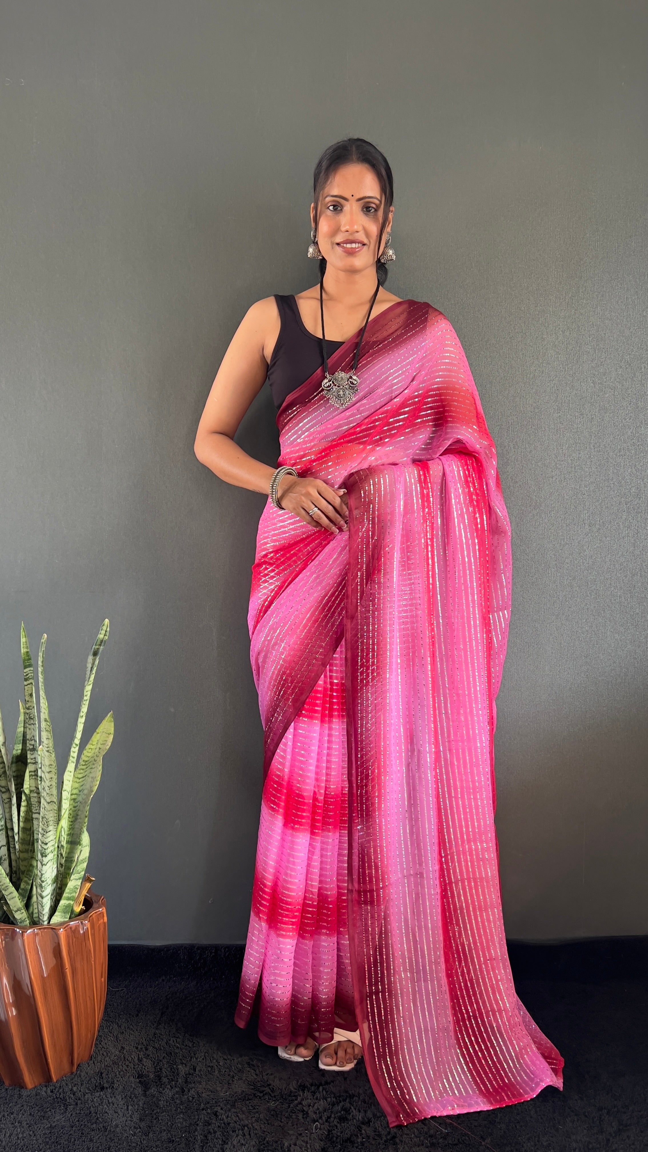 Gemma One Minute Ready To Wear Dual Pink Shade Saree With Unstiched Blouse