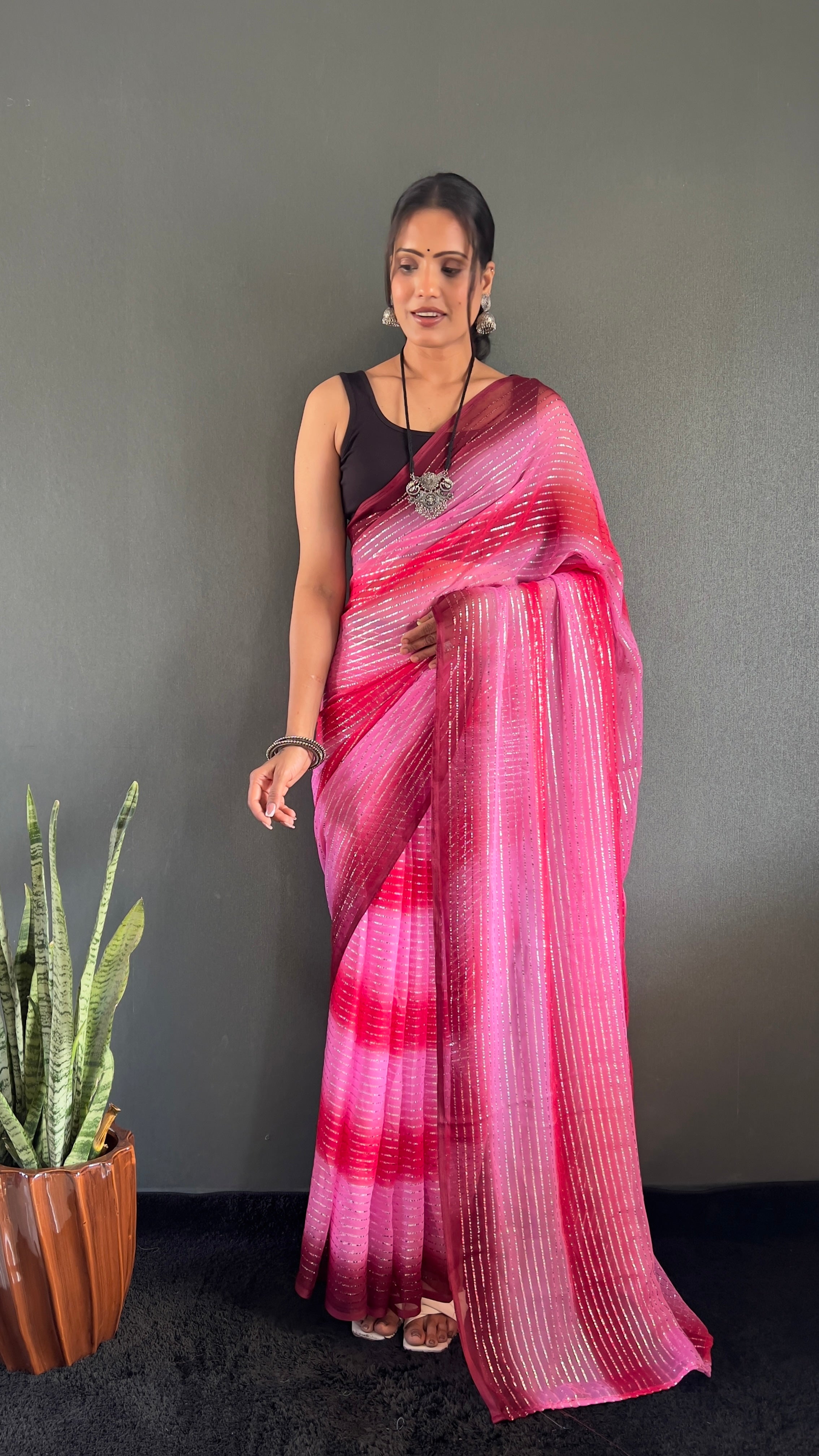 Gemma One Minute Ready To Wear Dual Pink Shade Saree With Unstiched Blouse
