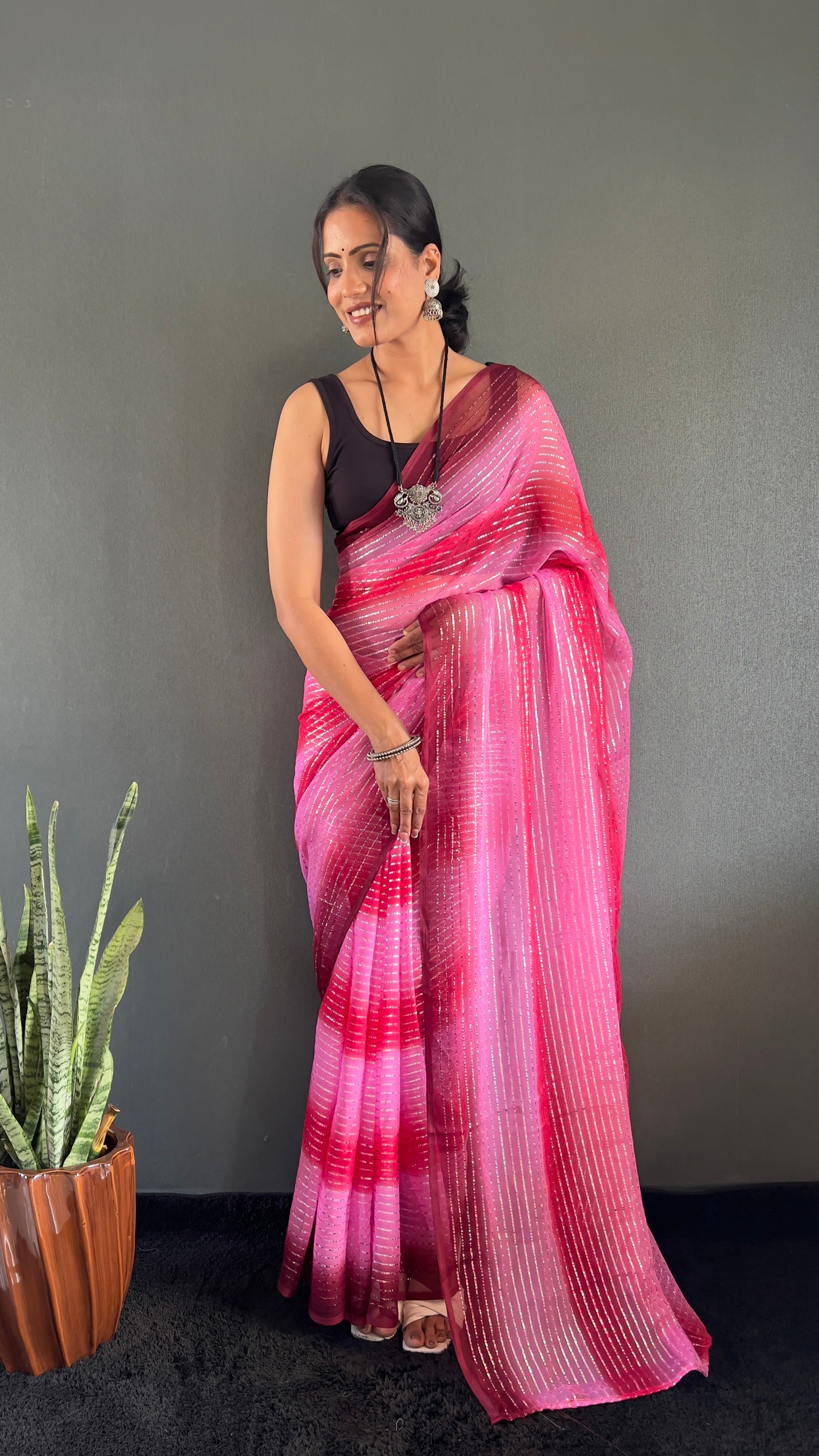 Gemma One Minute Ready To Wear Dual Pink Shade Saree With Unstiched Blouse