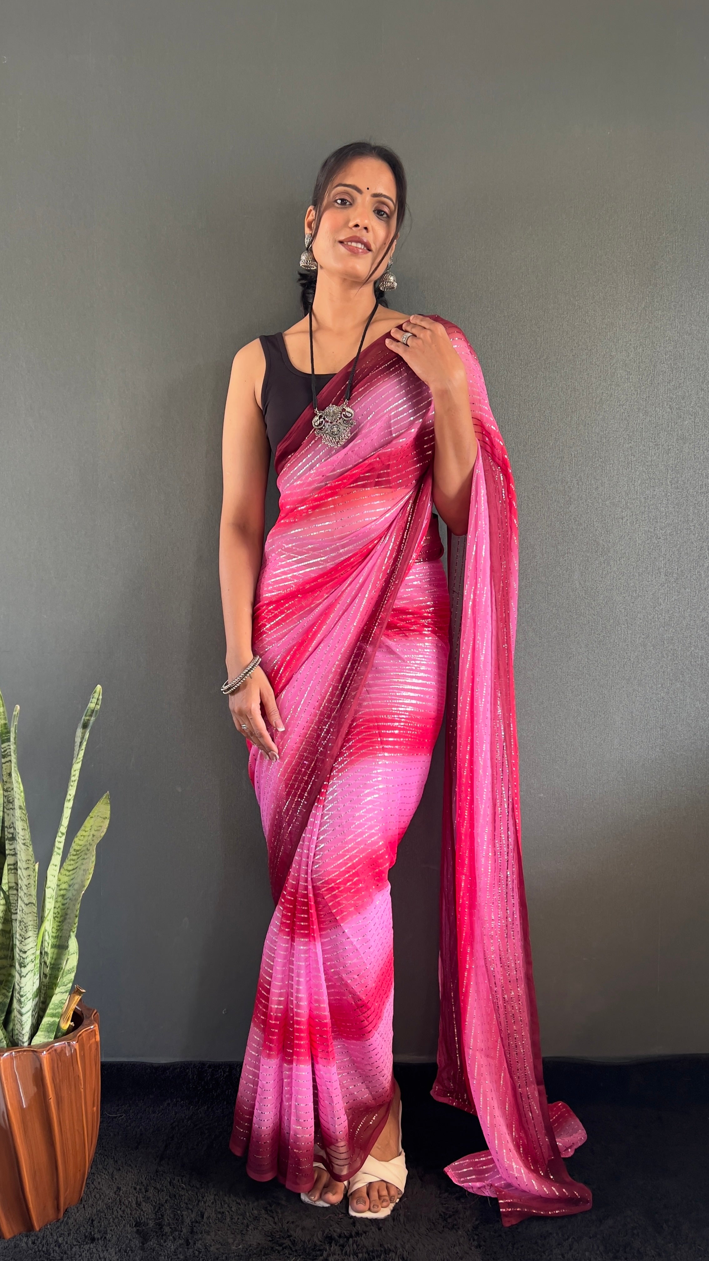 Gemma One Minute Ready To Wear Dual Pink Shade Saree With Unstiched Blouse