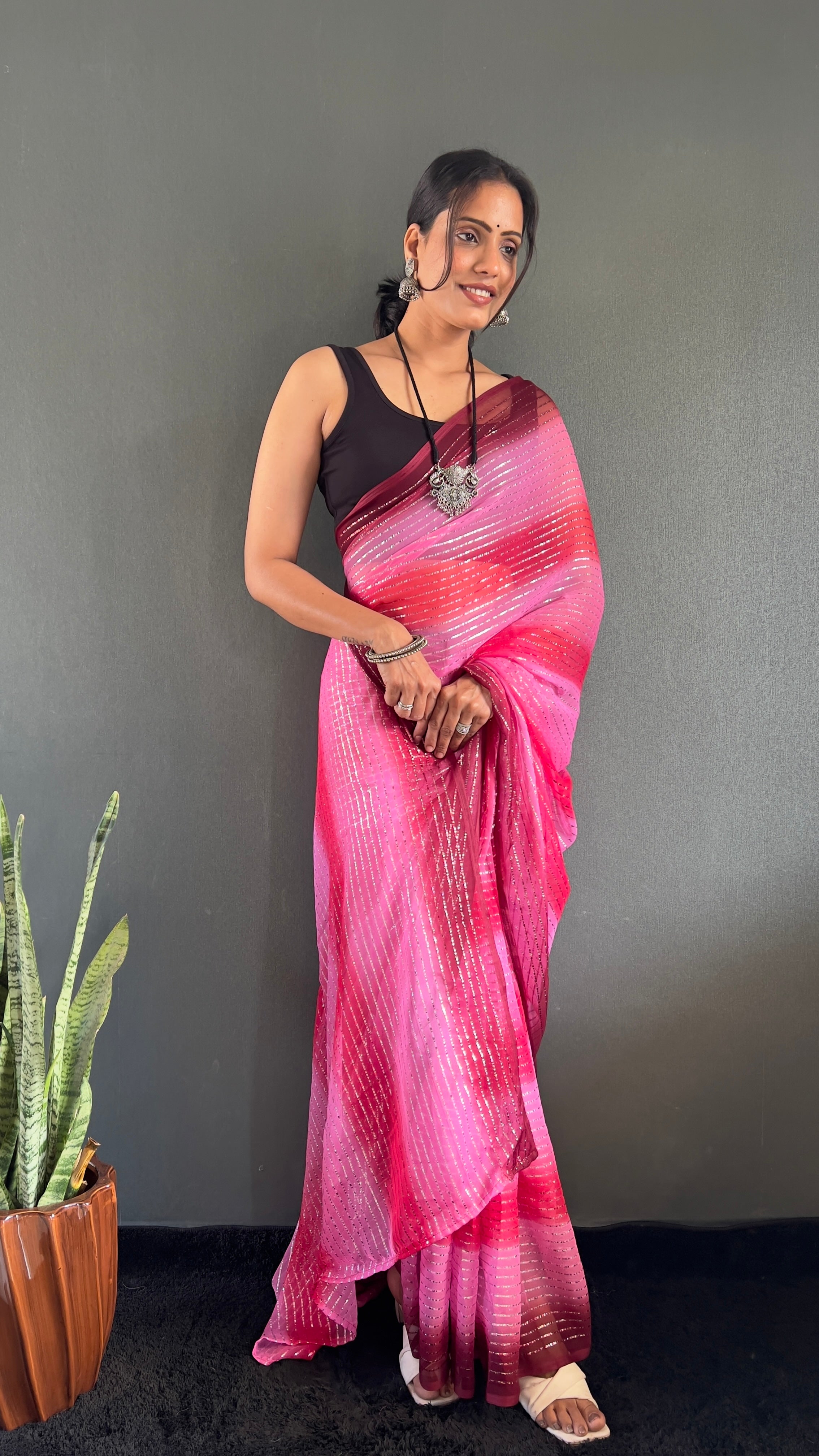 Gemma One Minute Ready To Wear Dual Pink Shade Saree With Unstiched Blouse