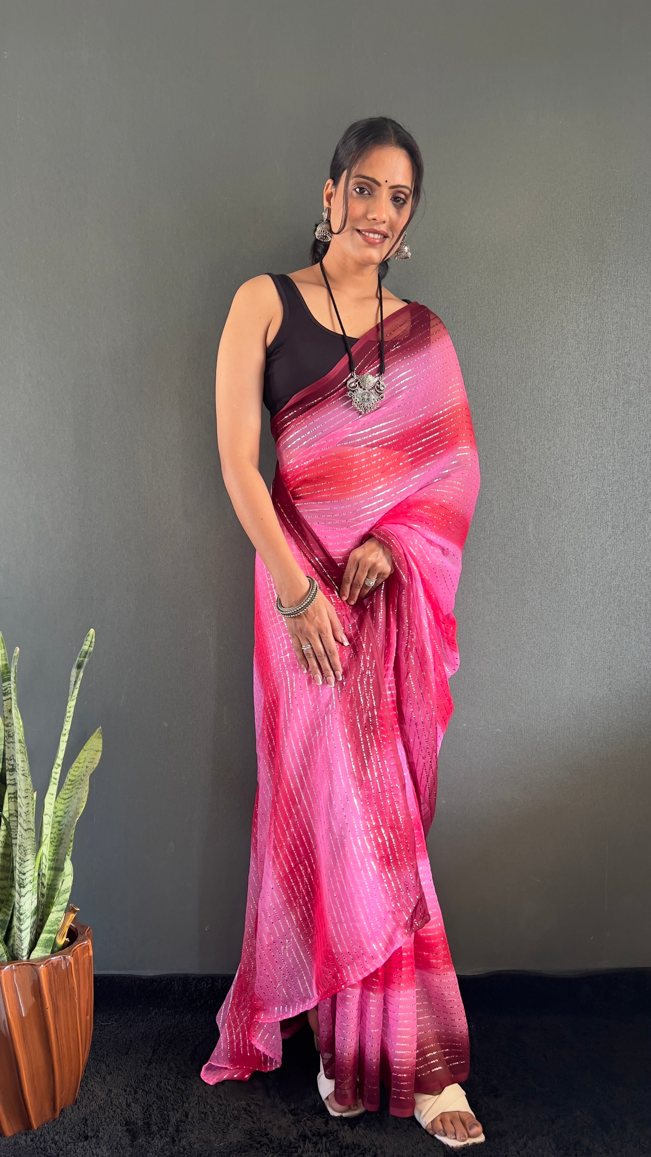 Gemma One Minute Ready To Wear Dual Pink Shade Saree With Unstiched Blouse