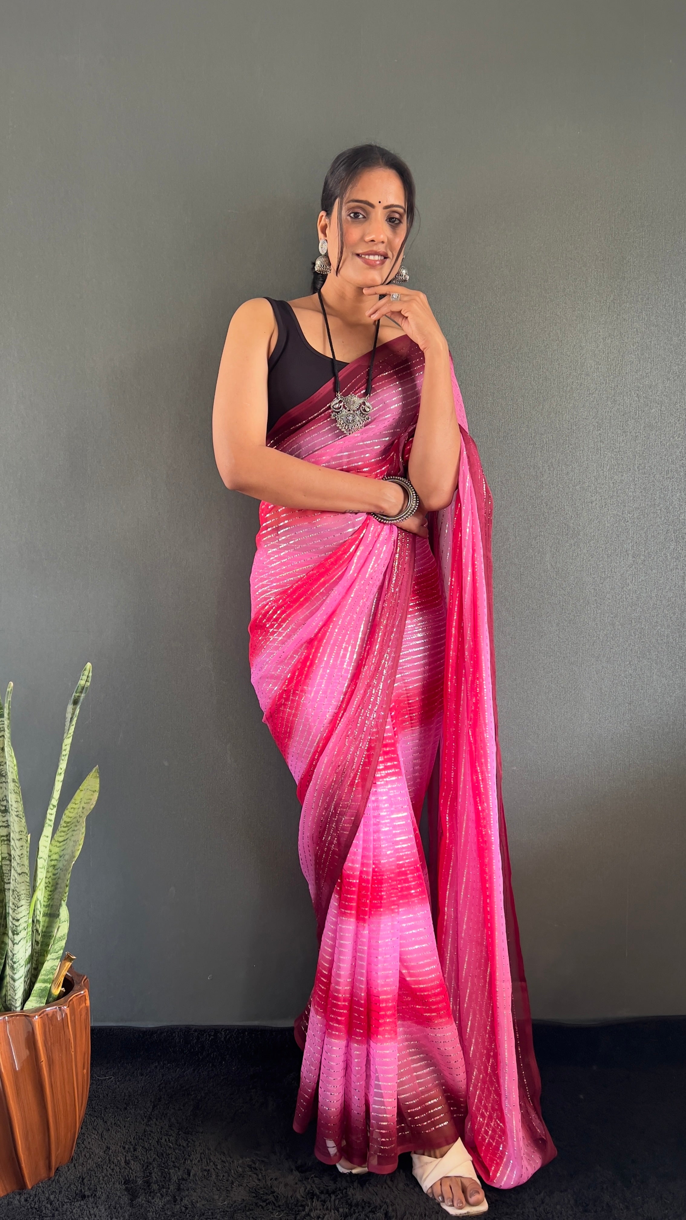 Gemma One Minute Ready To Wear Dual Pink Shade Saree With Unstiched Blouse