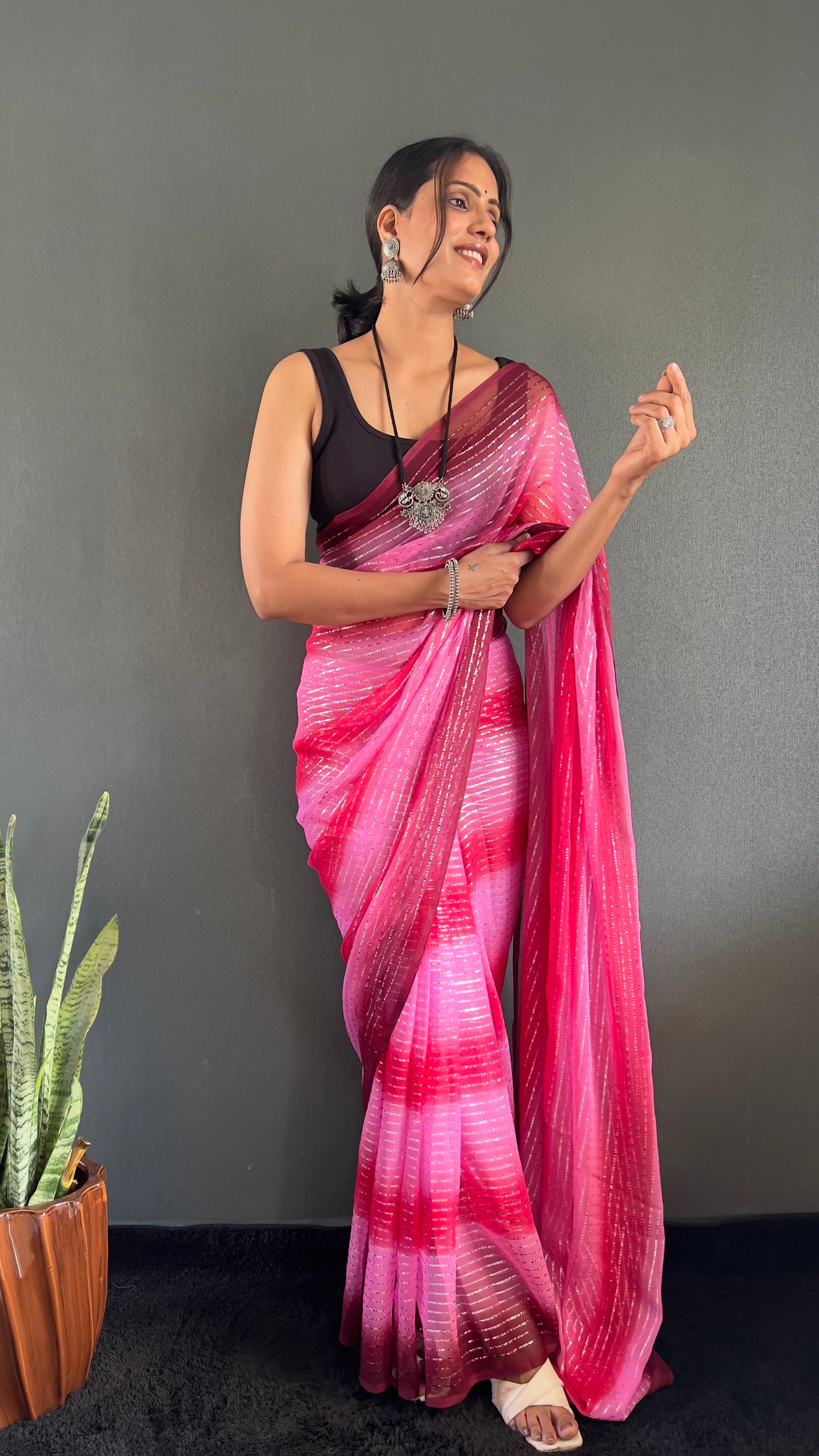 Gemma One Minute Ready To Wear Dual Pink Shade Saree With Unstiched Blouse