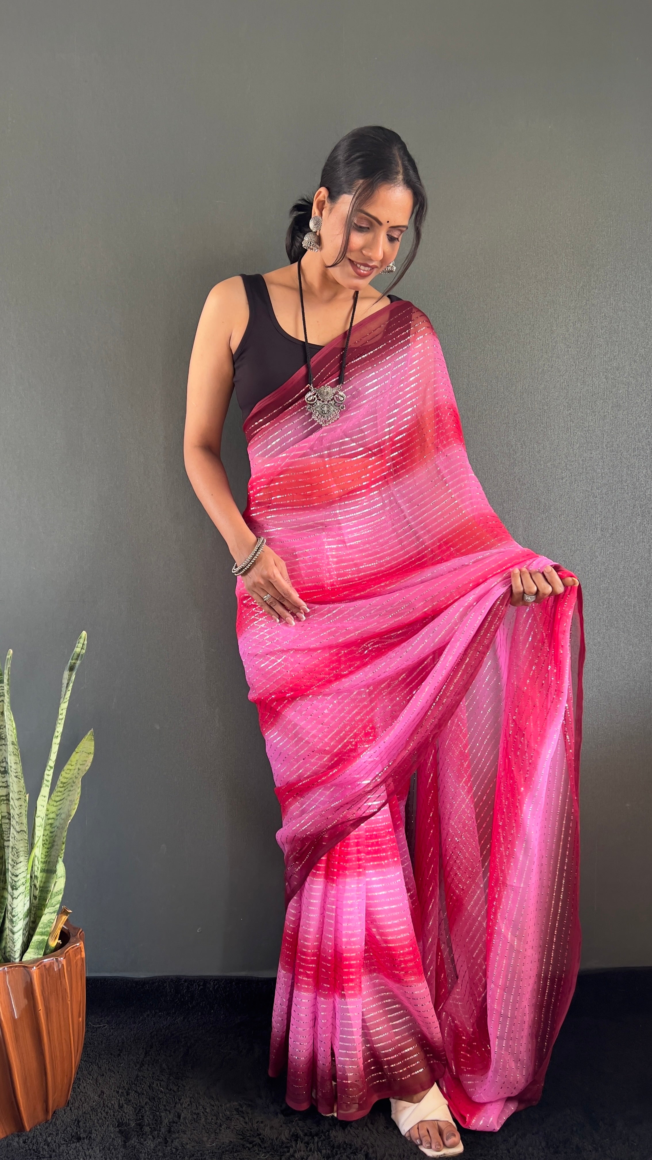 Gemma One Minute Ready To Wear Dual Pink Shade Saree With Unstiched Blouse