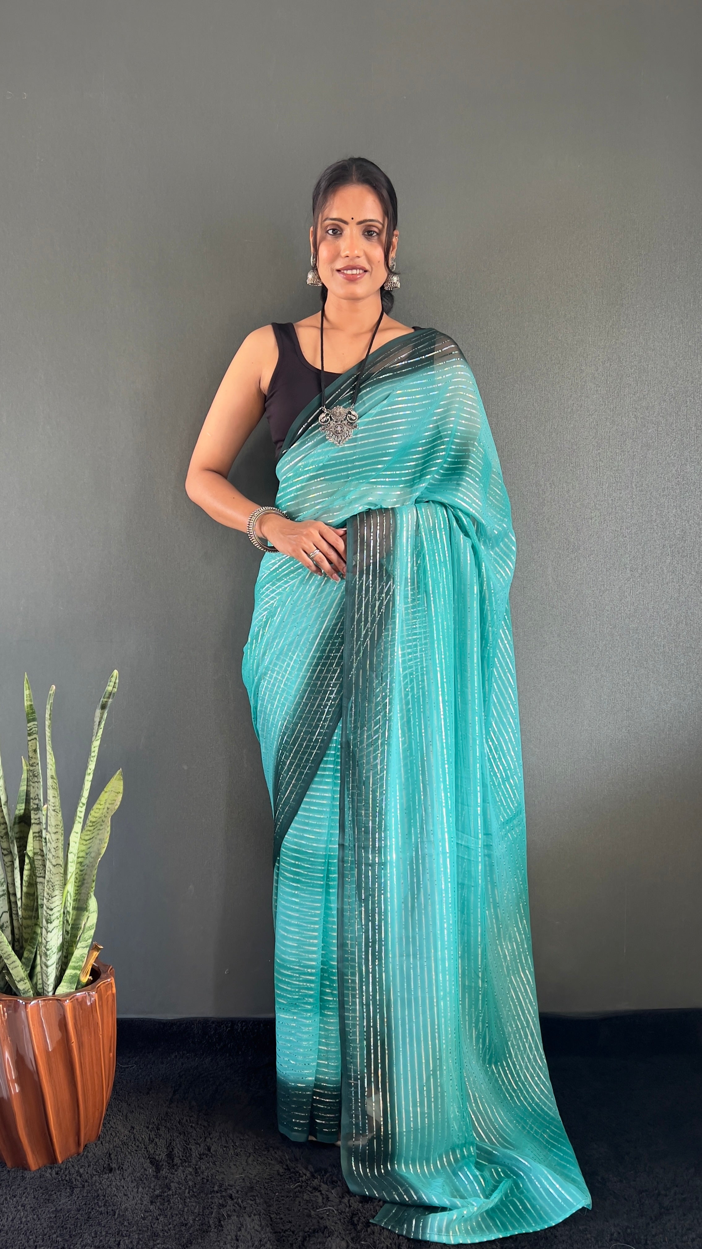 Gemma One Minute Ready To Wear Aqua Blue Dual Shade Saree With Unstiched Blouse