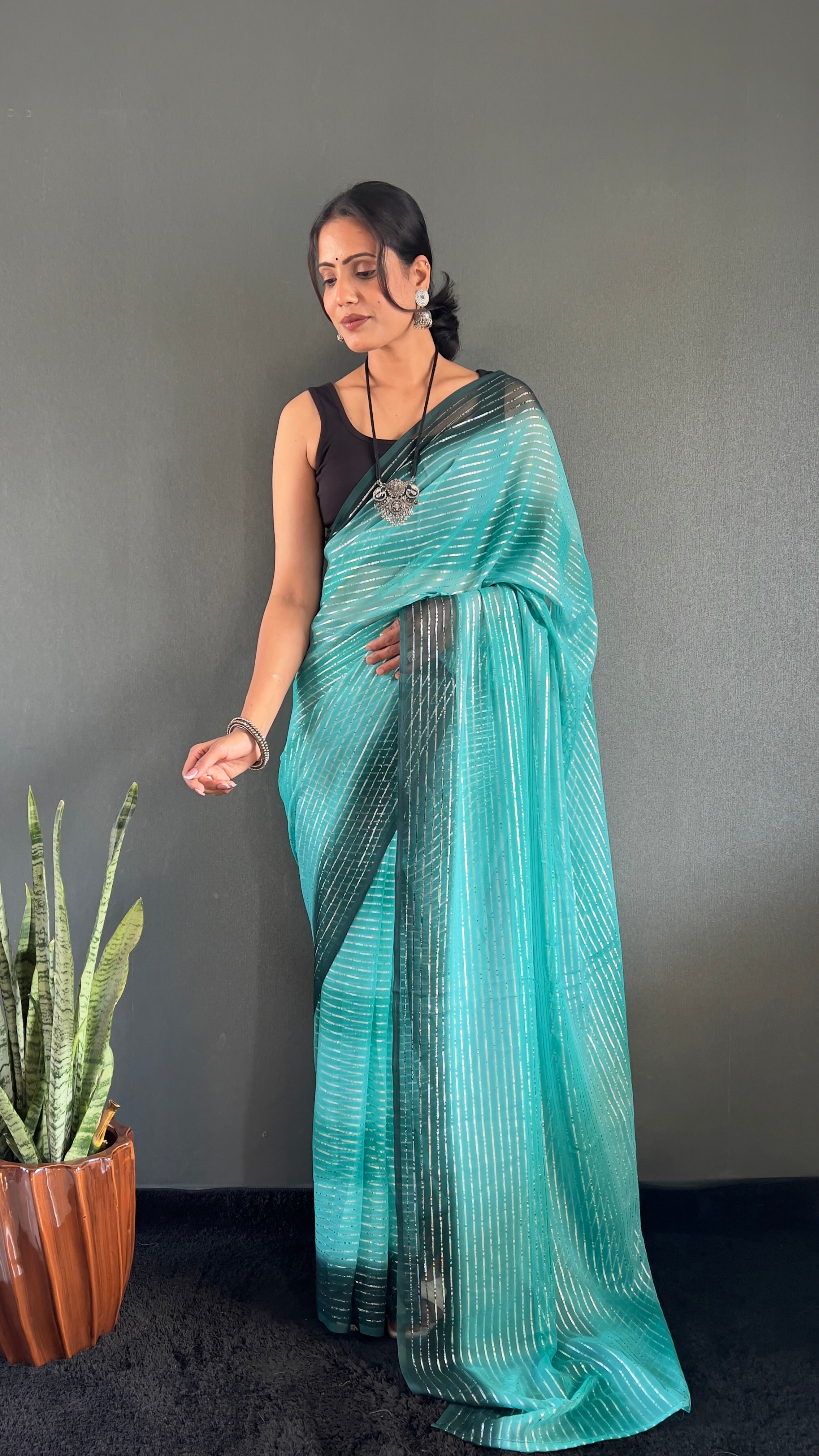 Gemma One Minute Ready To Wear Aqua Blue Dual Shade Saree With Unstiched Blouse