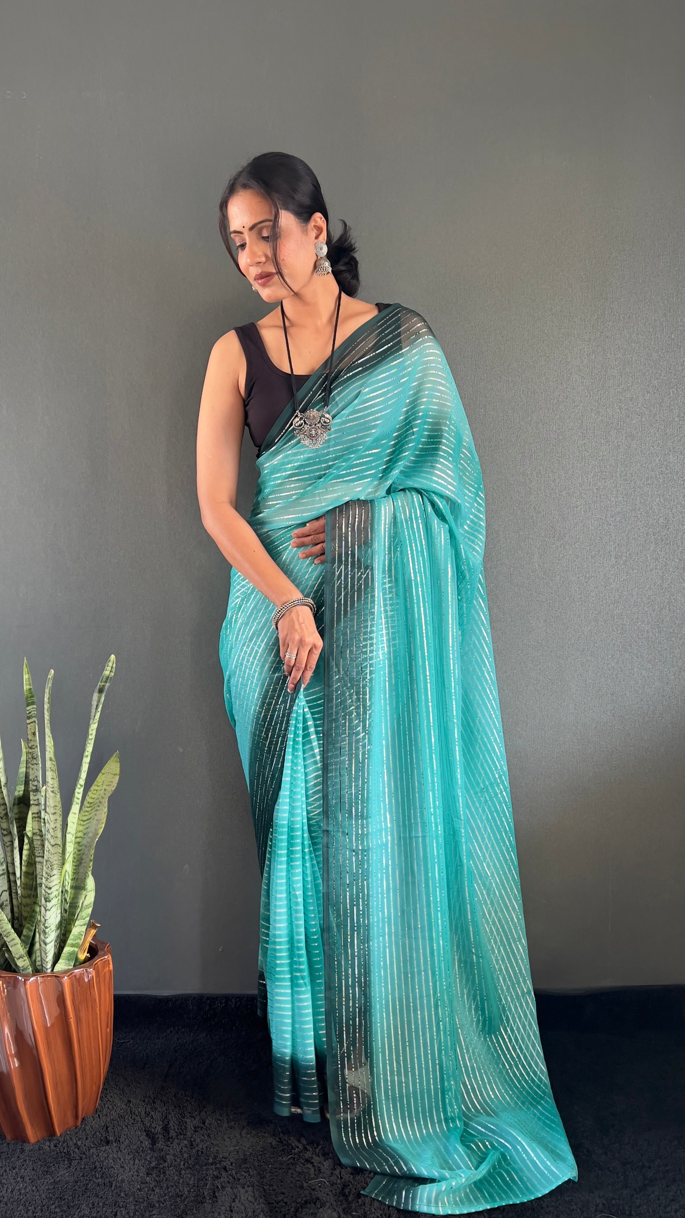 Gemma One Minute Ready To Wear Aqua Blue Dual Shade Saree With Unstiched Blouse