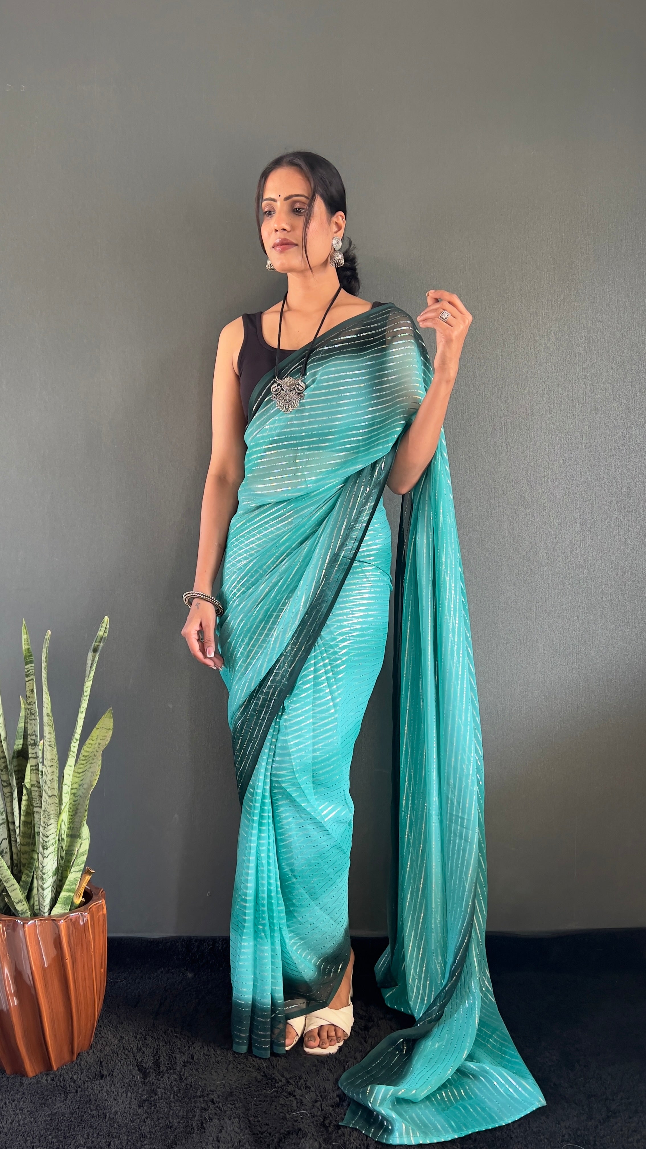 Gemma One Minute Ready To Wear Aqua Blue Dual Shade Saree With Unstiched Blouse