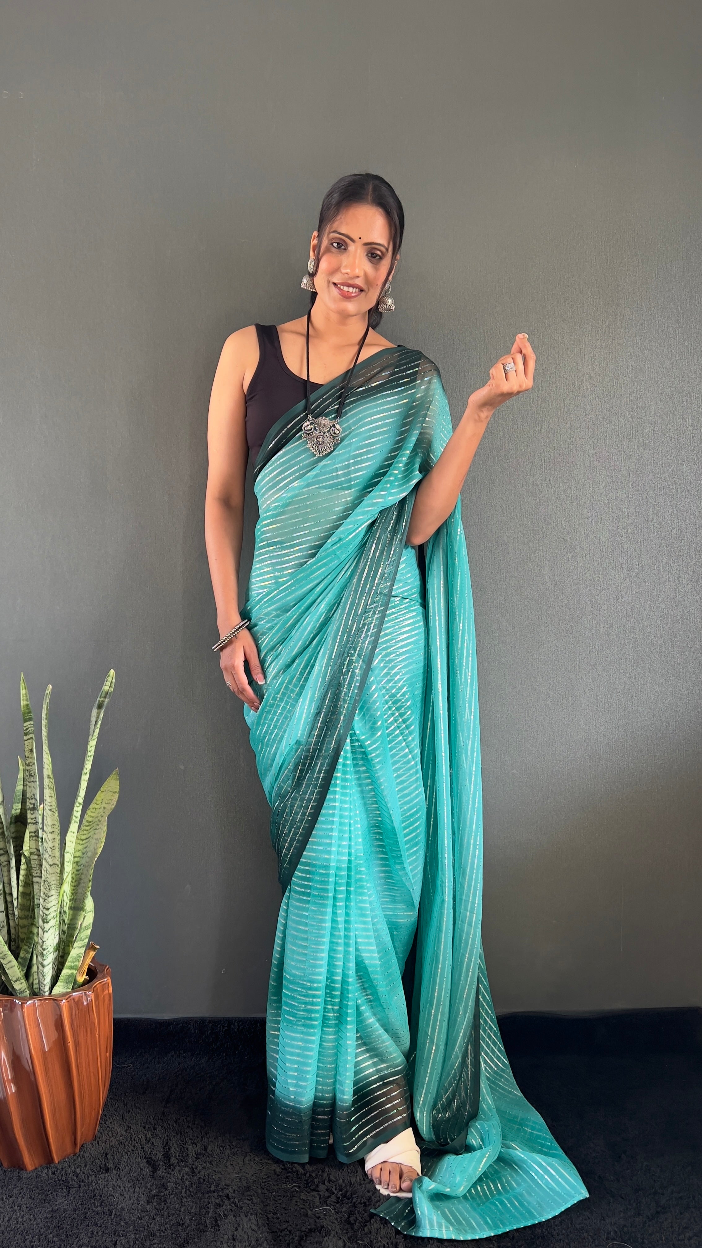 Gemma One Minute Ready To Wear Aqua Blue Dual Shade Saree With Unstiched Blouse