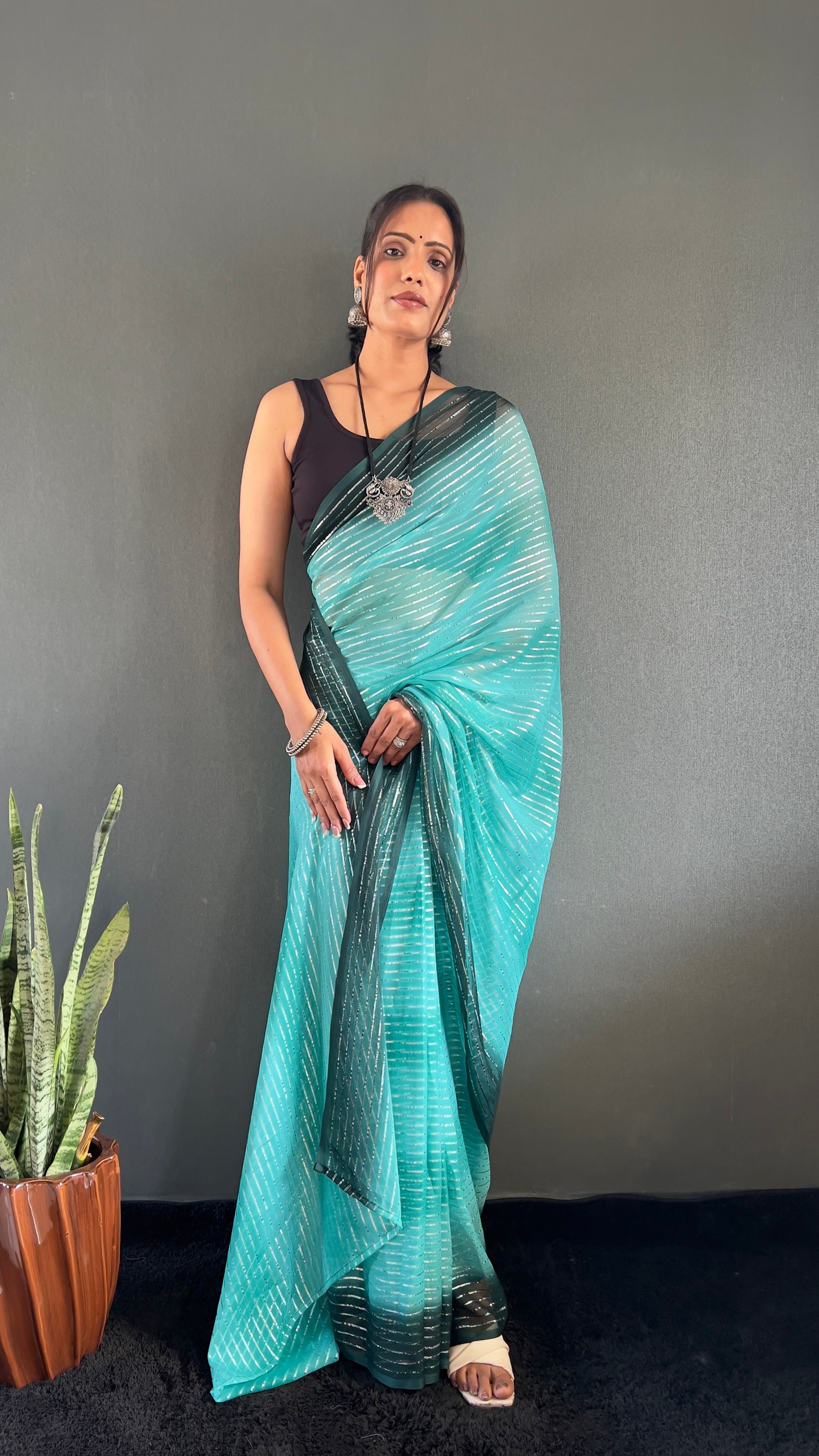 Gemma One Minute Ready To Wear Aqua Blue Dual Shade Saree With Unstiched Blouse